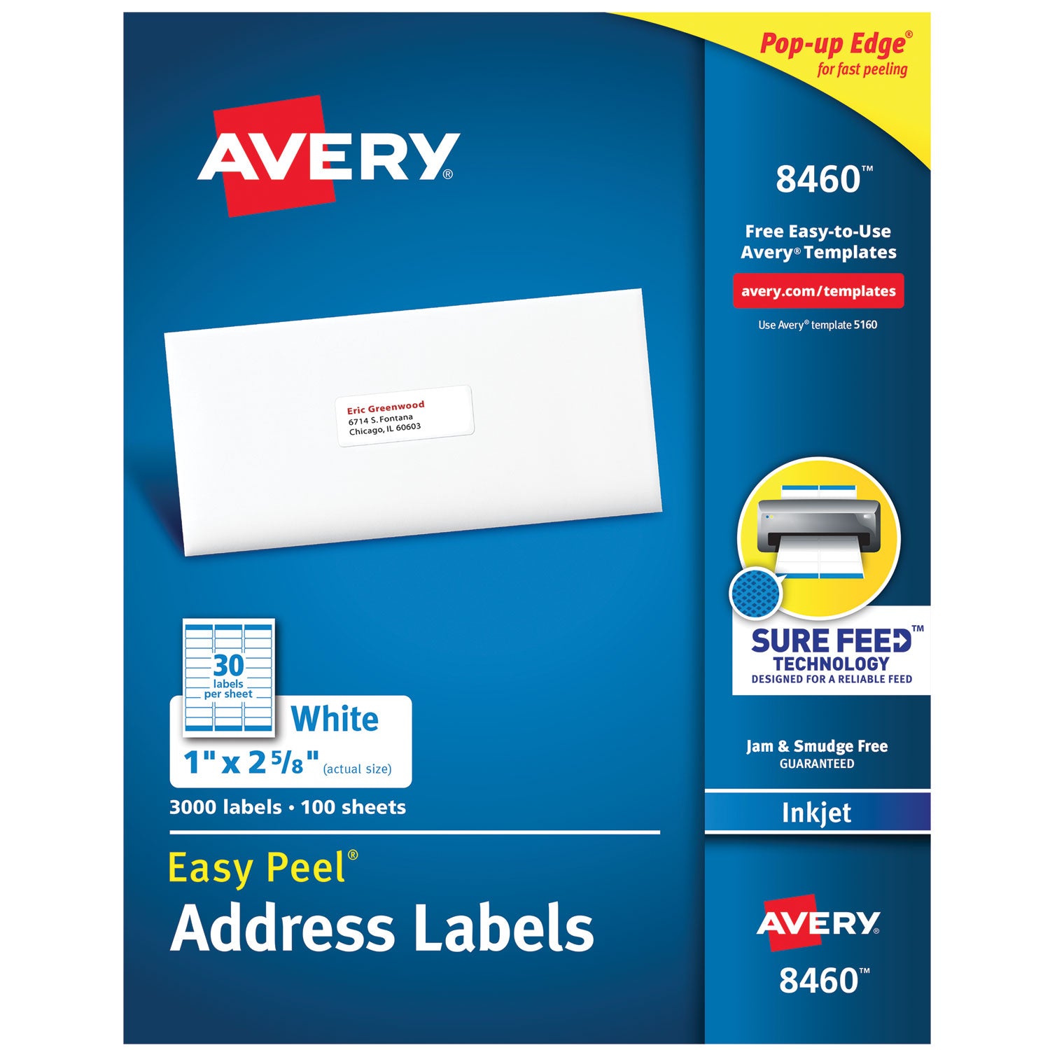 Easy Peel White Address Labels w/ Sure Feed Technology, Inkjet Printers, 1 x 2.63, White, 30/Sheet, 100 Sheets/Box