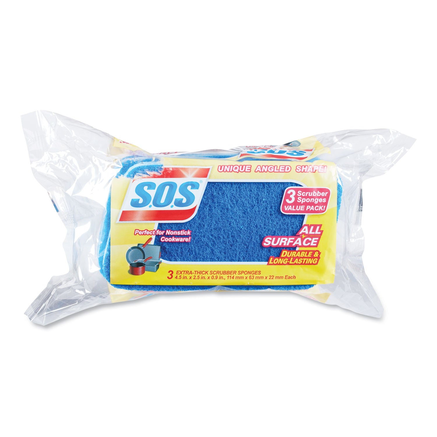 S.O.S.® All Surface Scrubber Sponge, 2.5 X 4.5, 0.9" Thick, Dark Blue, 3/pack, 8 Packs/carton