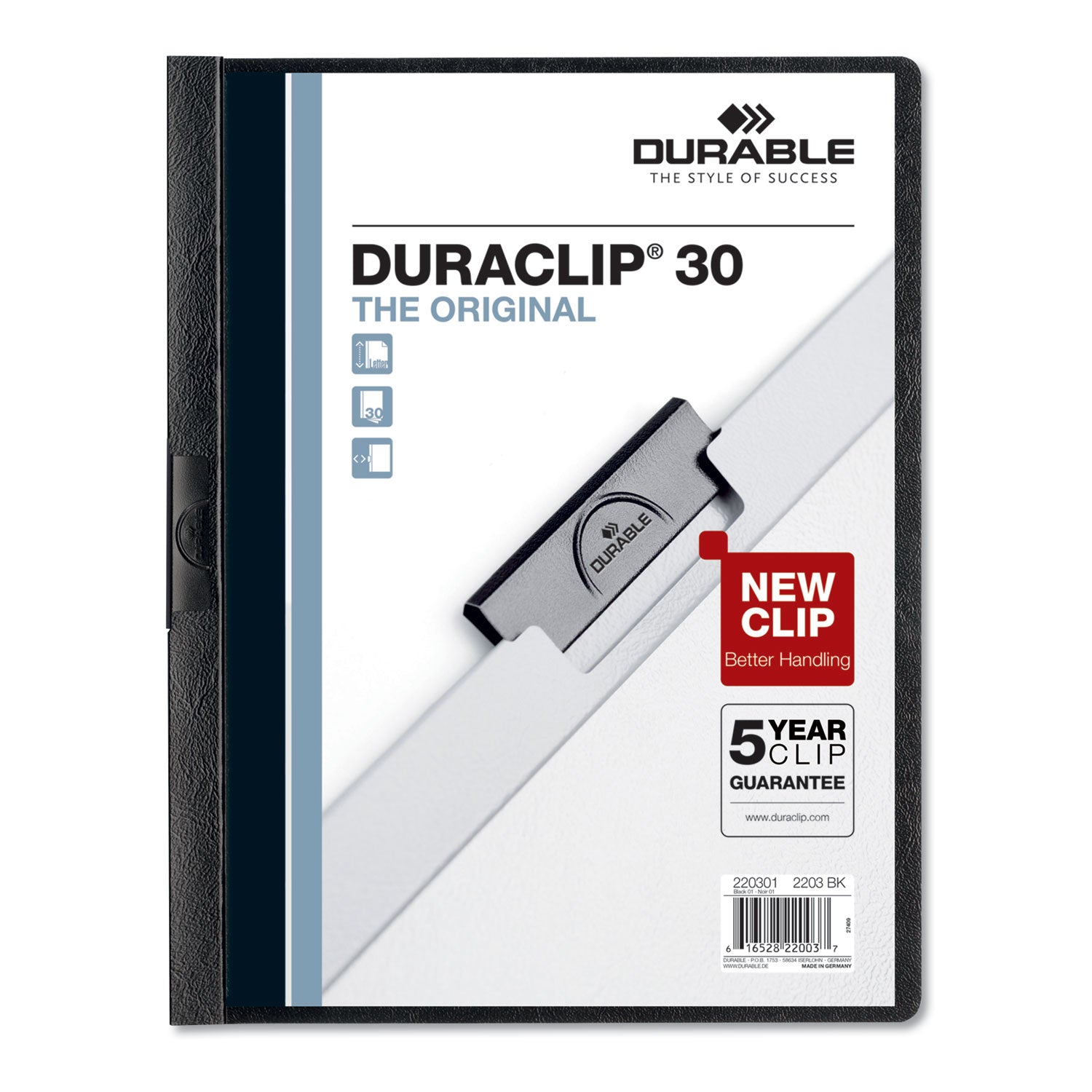 Durable® DuraClip Report Cover, Clip Fastener, 8.5 x 11, Clear/Black, 5/Pack