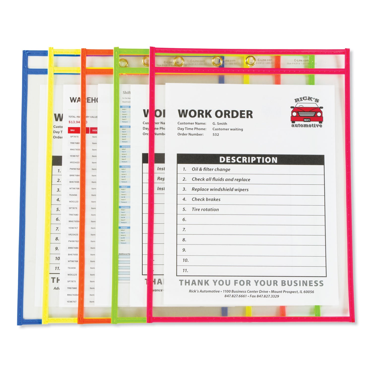 C-Line® Stitched Shop Ticket Holders, Neon, Assorted 5 Colors, 75", 9 X 12, 10/pack