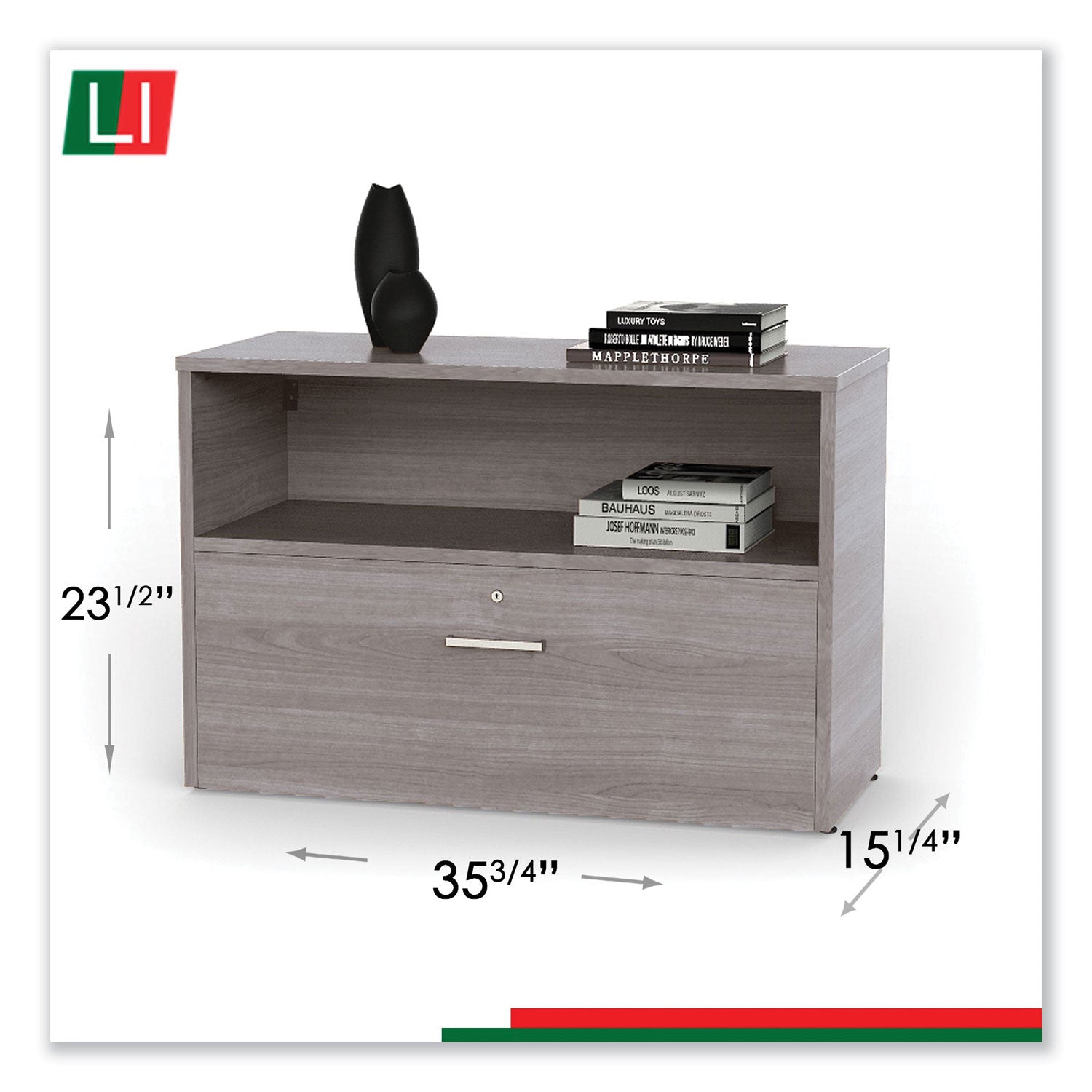 Linea Italia® Urban Series Cabinet Credenza Pedestal with Lateral File, 35.25" x 15.25" x 23.75", Ash