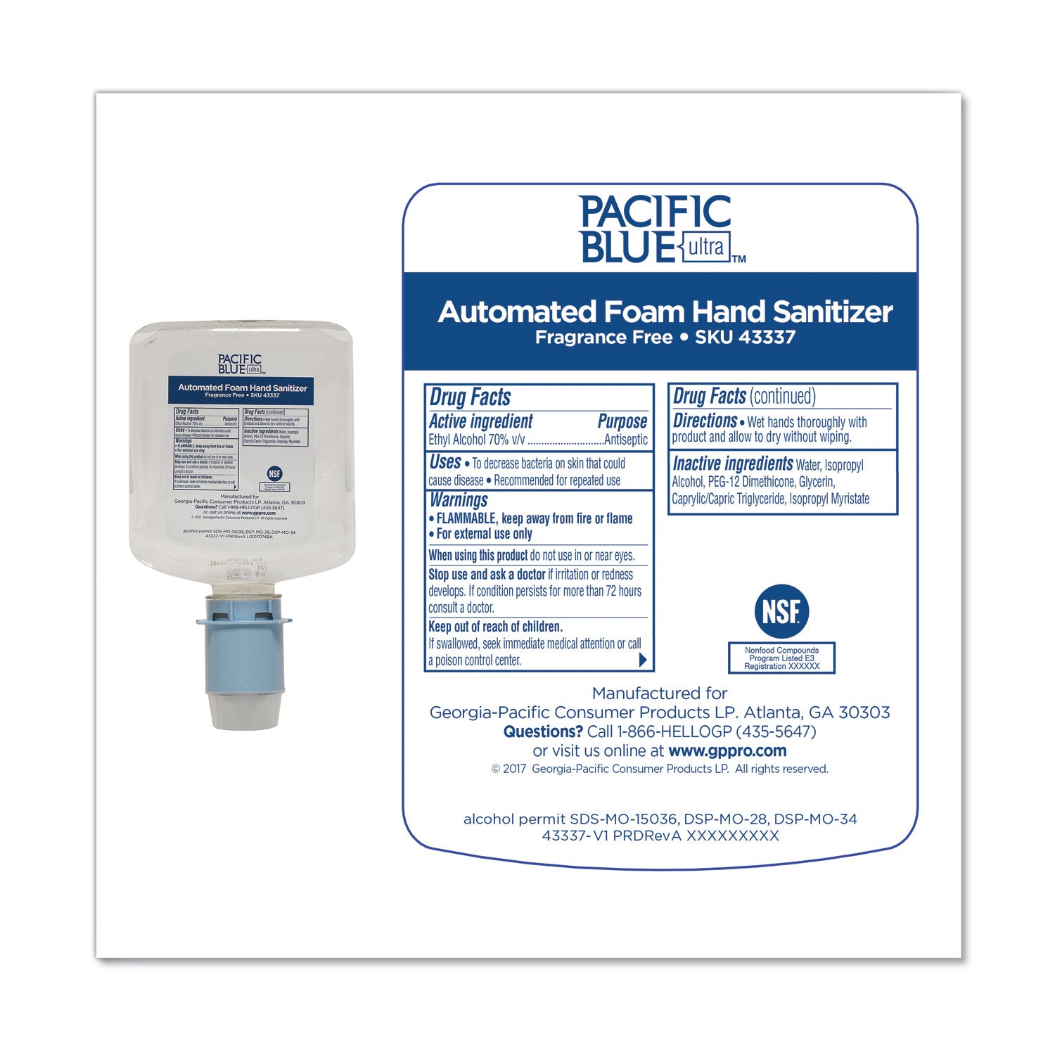 Georgia Pacific® Professional Pacific Blue Ultra Automated Sanitizer Dispenser Refill Foam Hand Sanitizer, 1,000 Ml Bottle, Fragrance-Free, 3/carton