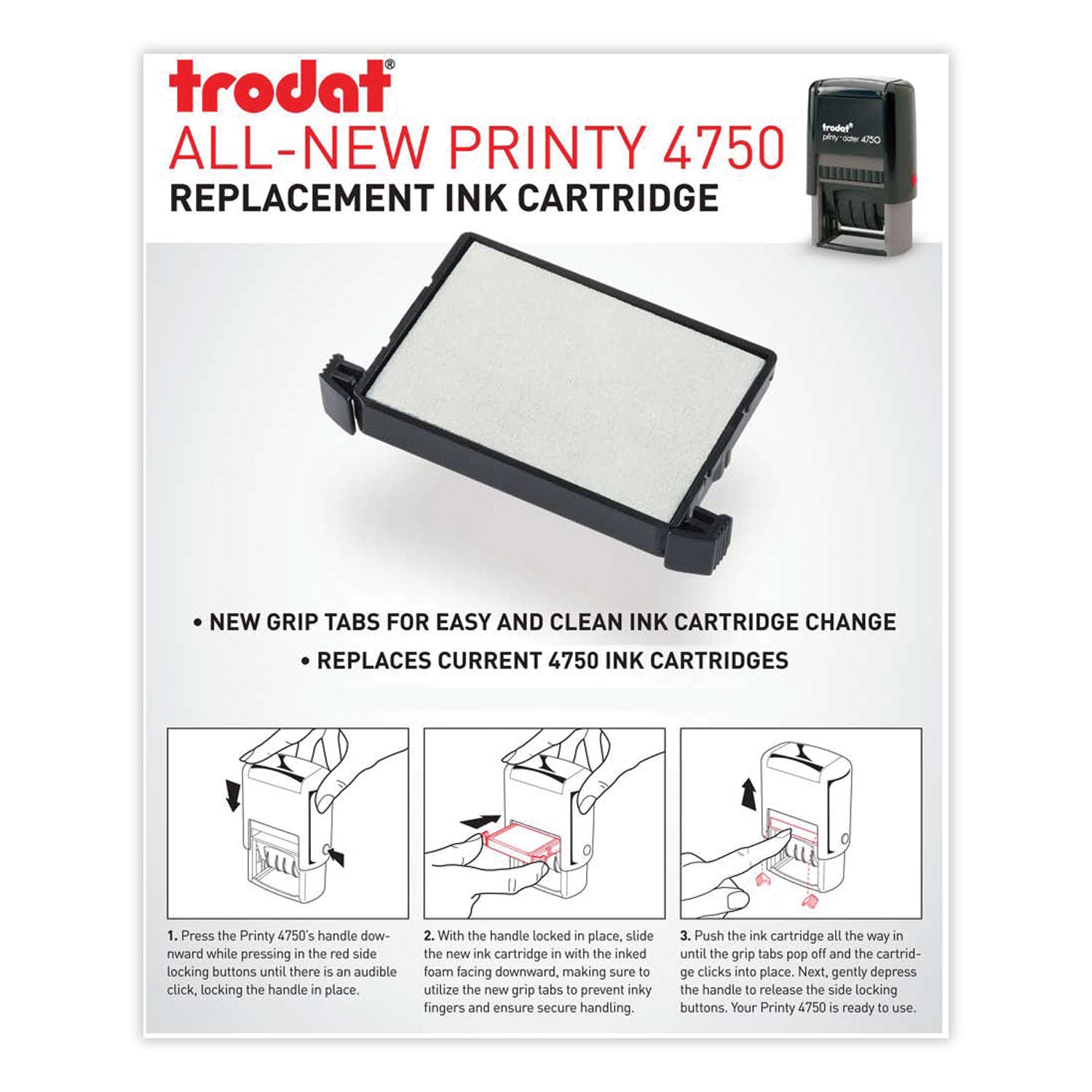 Trodat® E4750 Printy Replacement Pad for Trodat Self-Inking Stamps, 1" x 1.63", Black
