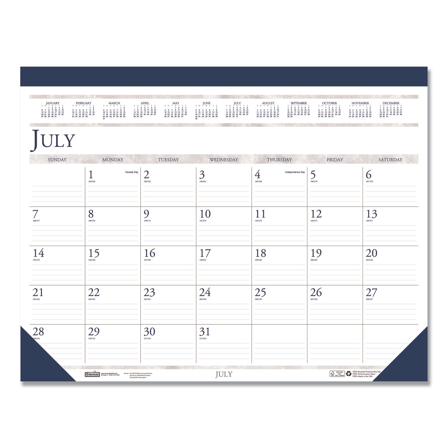 House of Doolittle™ Recycled Academic Desk Pad Calendar, 18.5 x 13, White/Blue Sheets, Blue Binding/Corners, 14-Month (July to Aug): 2024 to 2025