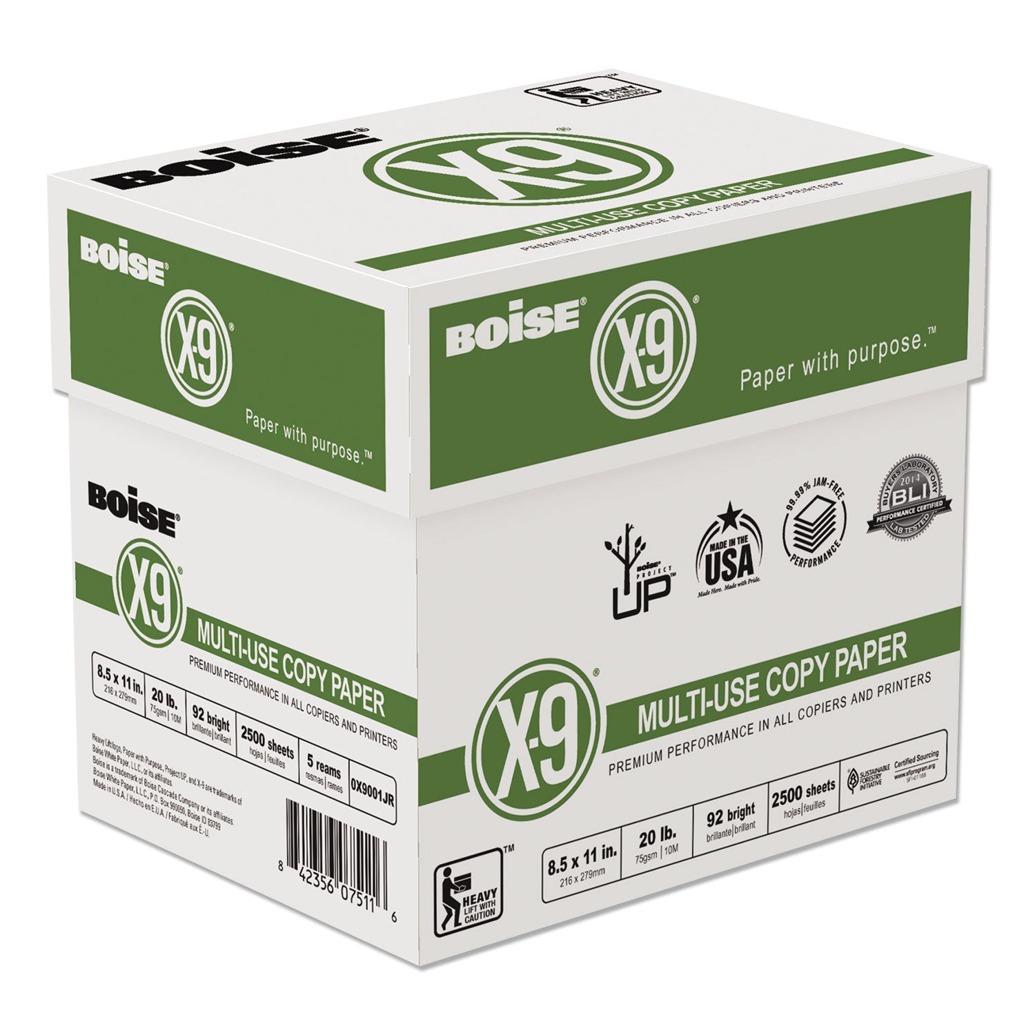 Boise® X-9 Multi-Use Copy Paper, 92 Bright, 20 lb Bond Weight, 8.5 x 11, White, 500 Sheets/Ream, 5 Reams/Carton