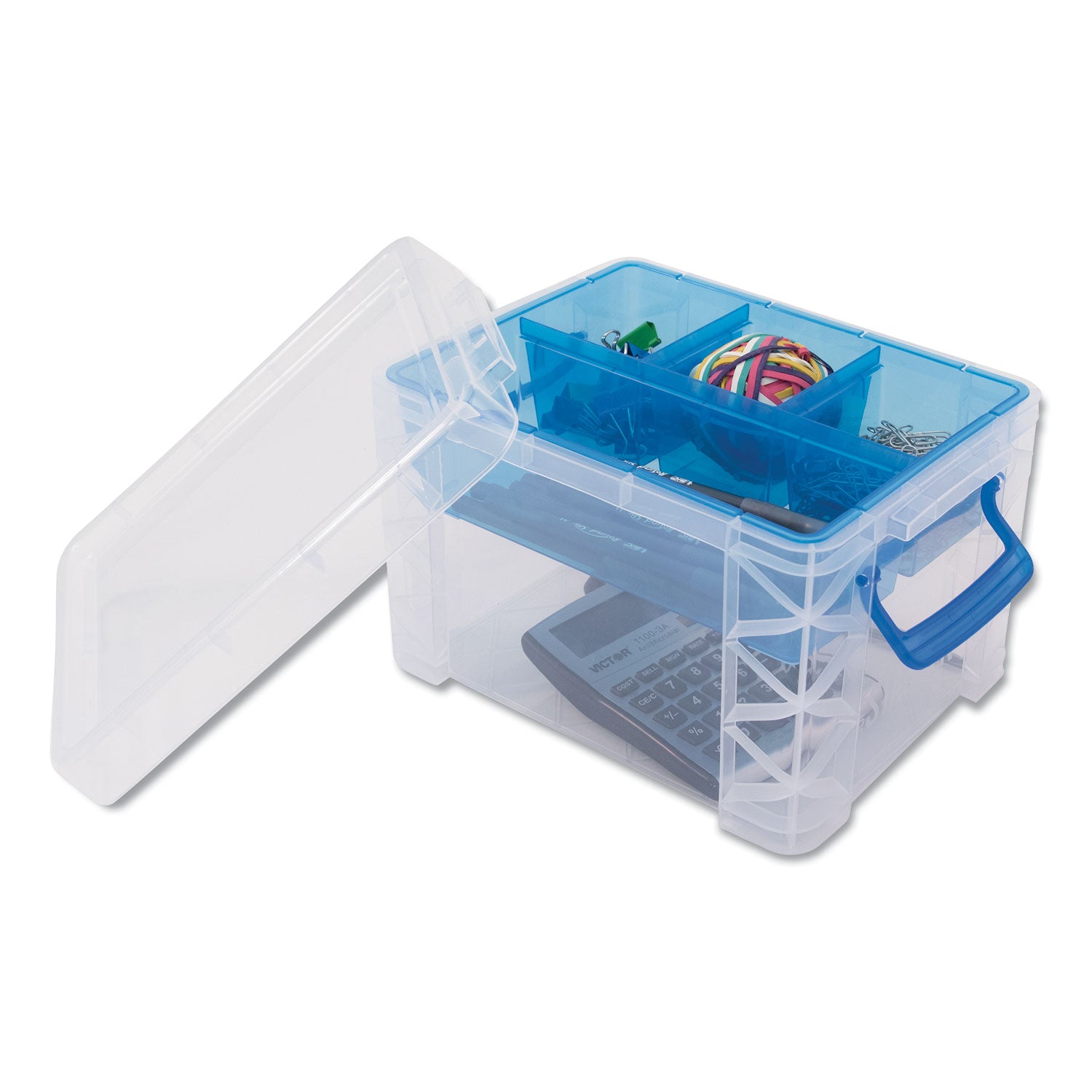 Advantus Super Stacker Divided Storage Box, 5 Sections, 7.5" X 10.13" X 6.5", Clear/blue
