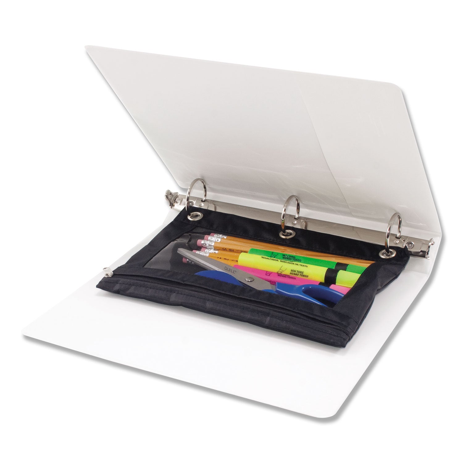 Advantus Binder Pencil Pouch, 3-Hole Punched, 10" x 7.38", Black/Clear