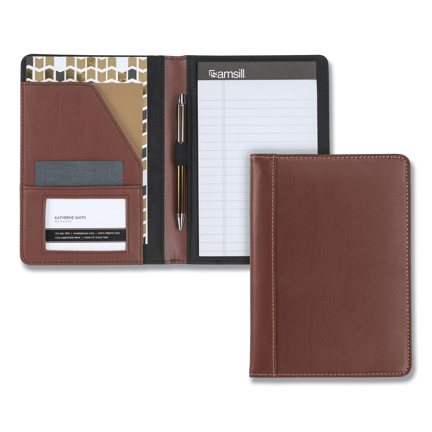 Samsill® Contrast Stitch Leather Padfolio, 6.25w x 8.75h, Open Style, Brown