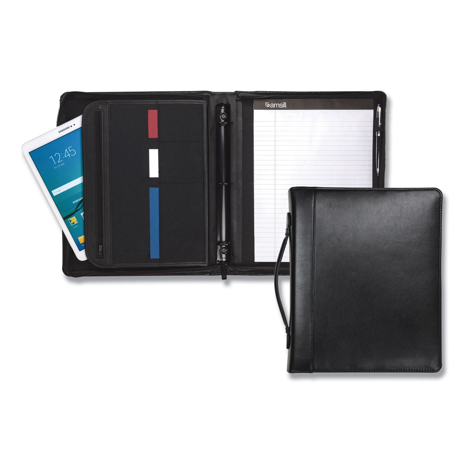 Samsill® Leather Multi-Ring Zippered Portfolio, Two-Part, 1" Cap, 11 X 13 1/2, Black