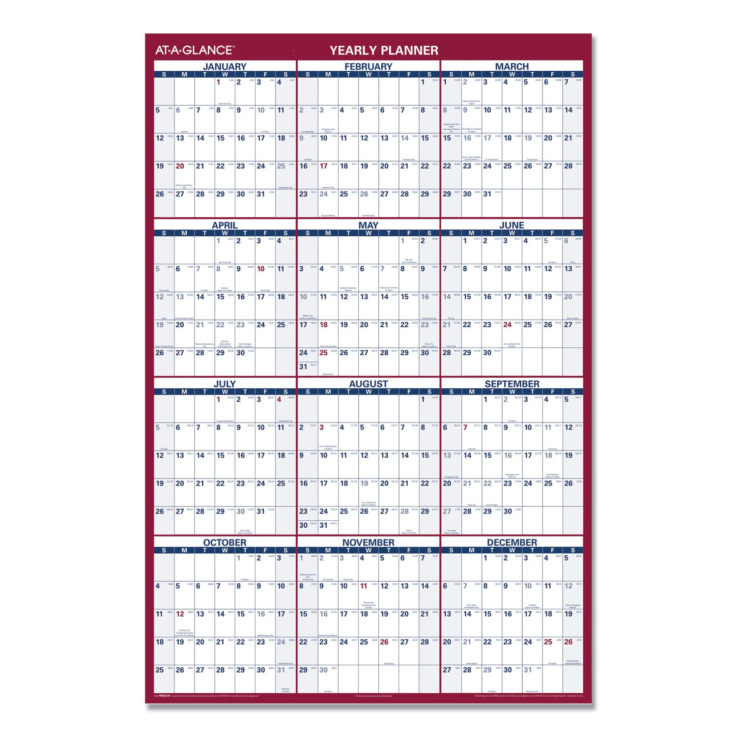 AT-A-GLANCE® Erasable Vertical/Horizontal Wall Planner, 32 x 48, White/Blue/Red Sheets, 12-Month (Jan to Dec): 2025