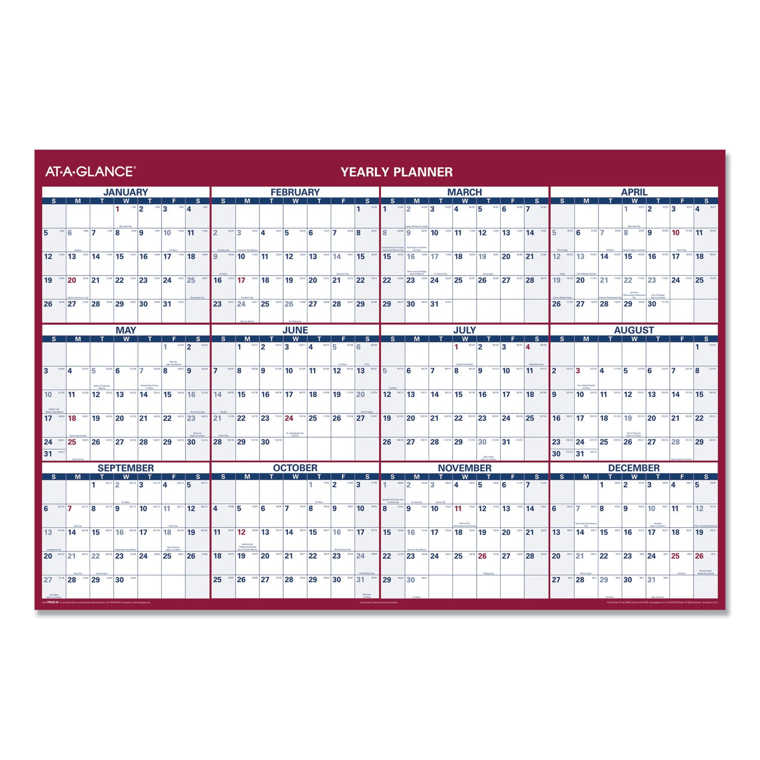 AT-A-GLANCE® Erasable Vertical/Horizontal Wall Planner, 32 x 48, White/Blue/Red Sheets, 12-Month (Jan to Dec): 2025