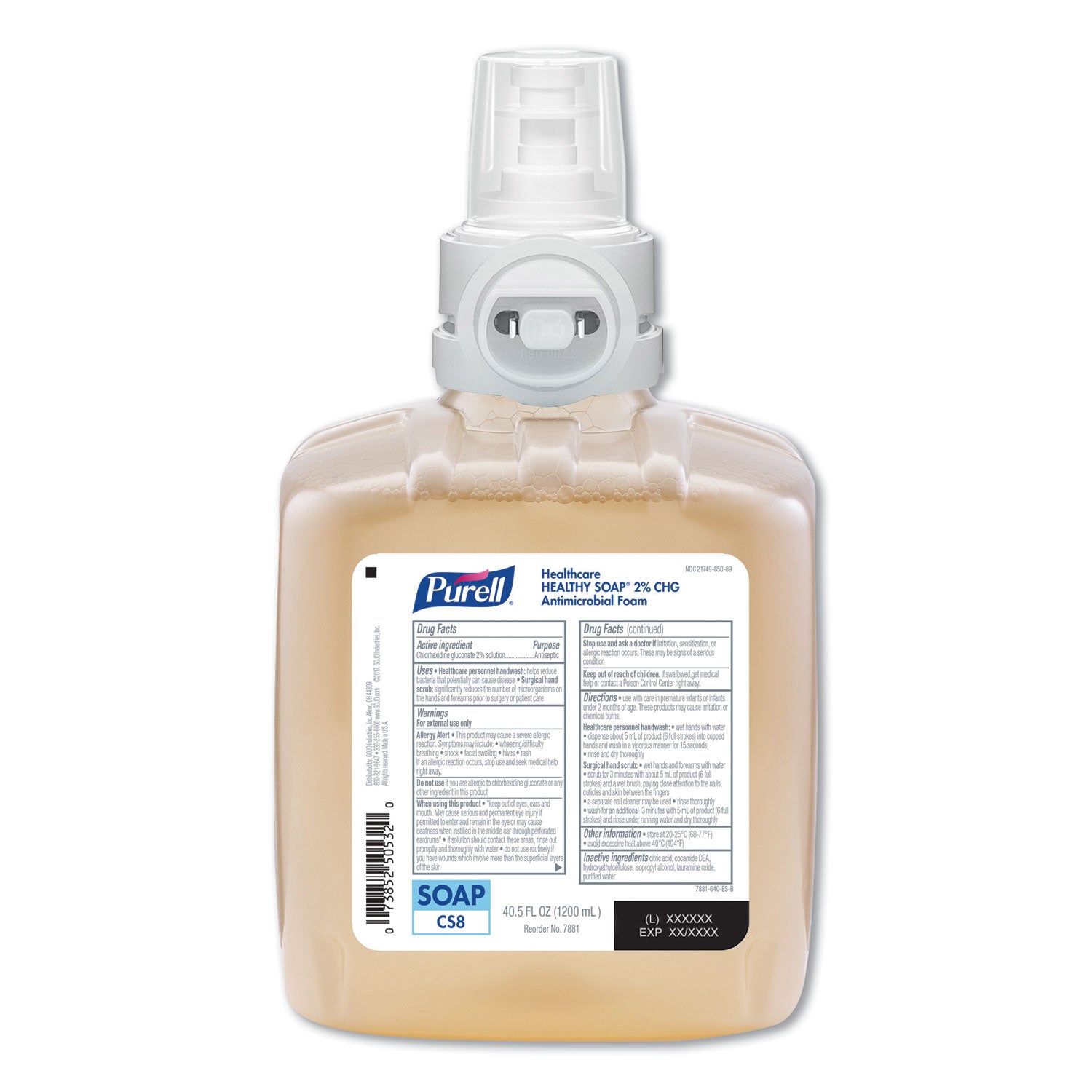 PURELL® Healthy Soap 2.0% CHG Antimicrobial Foam Refill for CS8 Dispensers, Fragrance-Free, 1,200 mL, 2/Carton