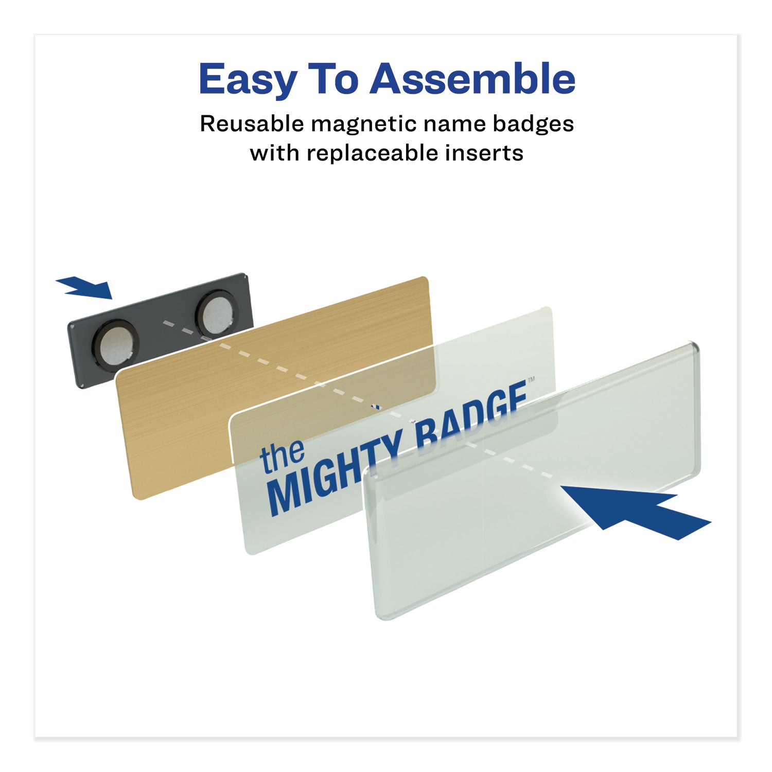 Avery® The Mighty Badge Name Badge Holder Kit, Horizontal, 3 X 1, Laser, Gold, 50 Holders/120 Inserts