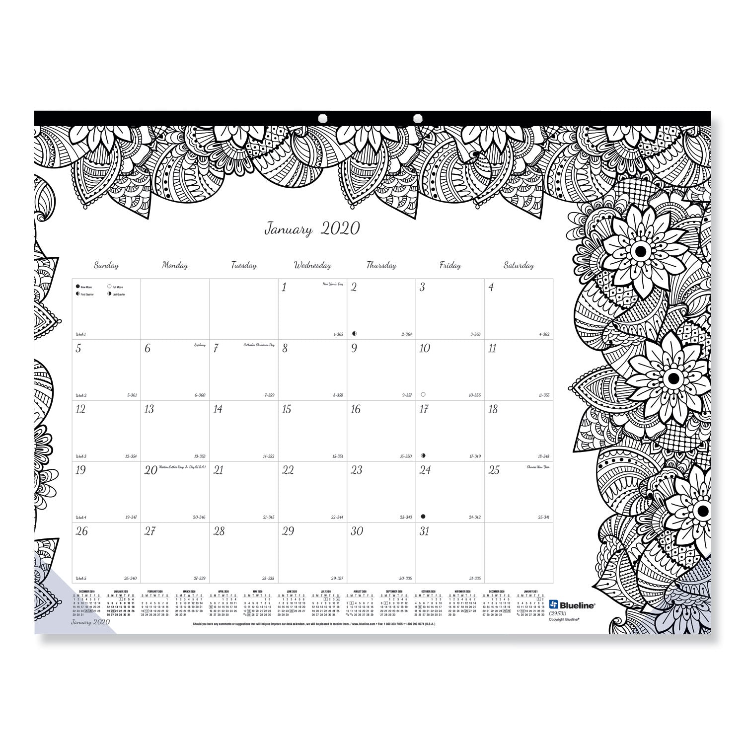 Blueline® Monthly Desk Pad Calendar, DoodlePlan Coloring Pages, 22 x 17, Black Binding, Clear Corners, 12-Month (Jan to Dec): 2025