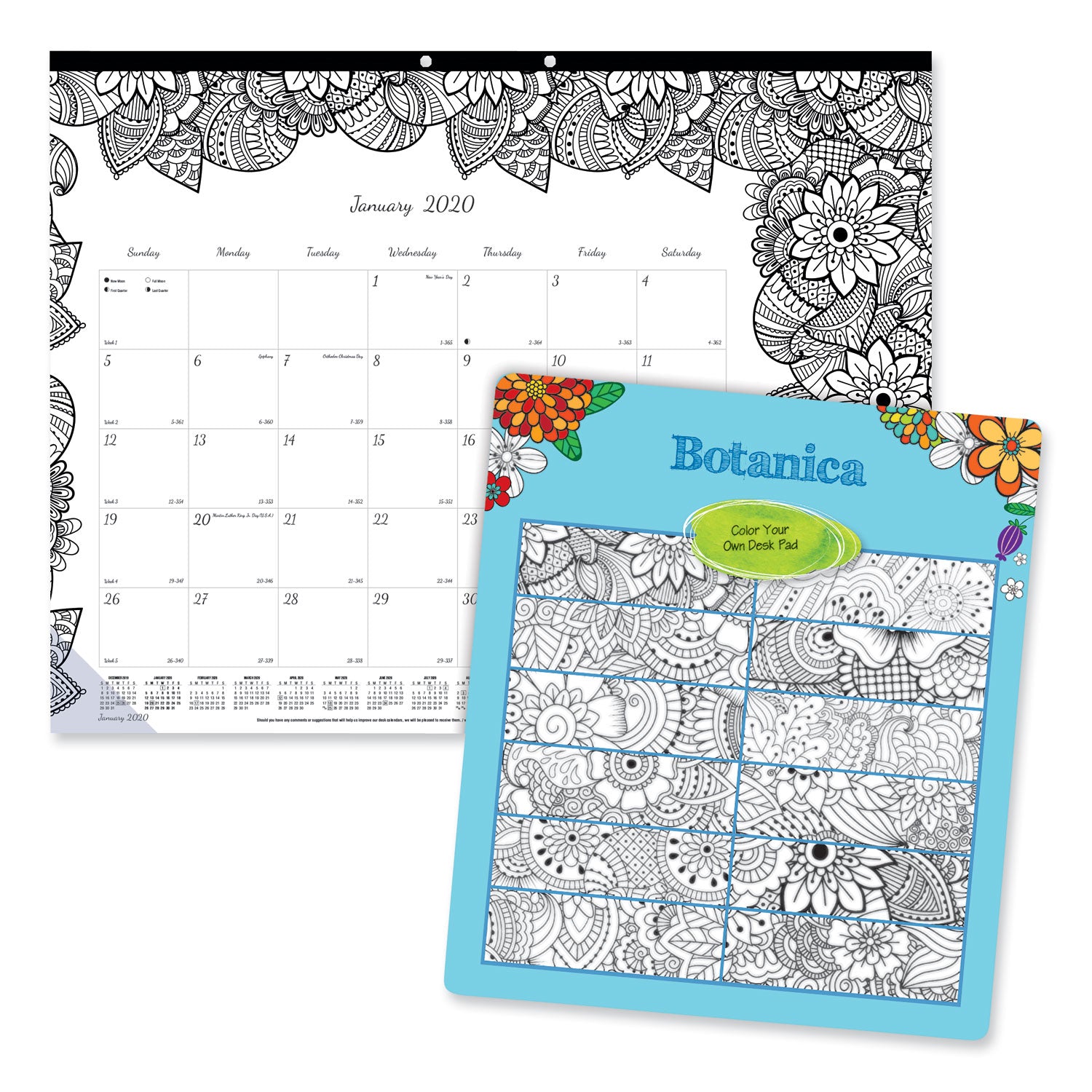 Monthly Desk Pad Calendar, DoodlePlan Coloring Pages, 22 x 17, Black Binding, Clear Corners, 12-Month (Jan to Dec): 2025