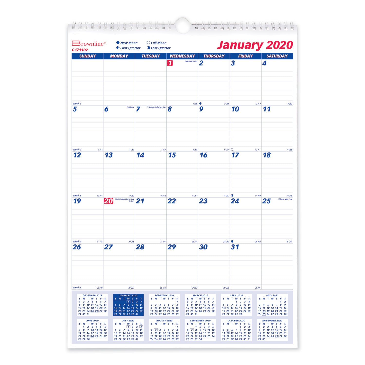 Twin-Wirebound Wall Calendar, One Month per Page, 12 x 17, White Sheets, 12-Month (Jan to Dec): 2025
