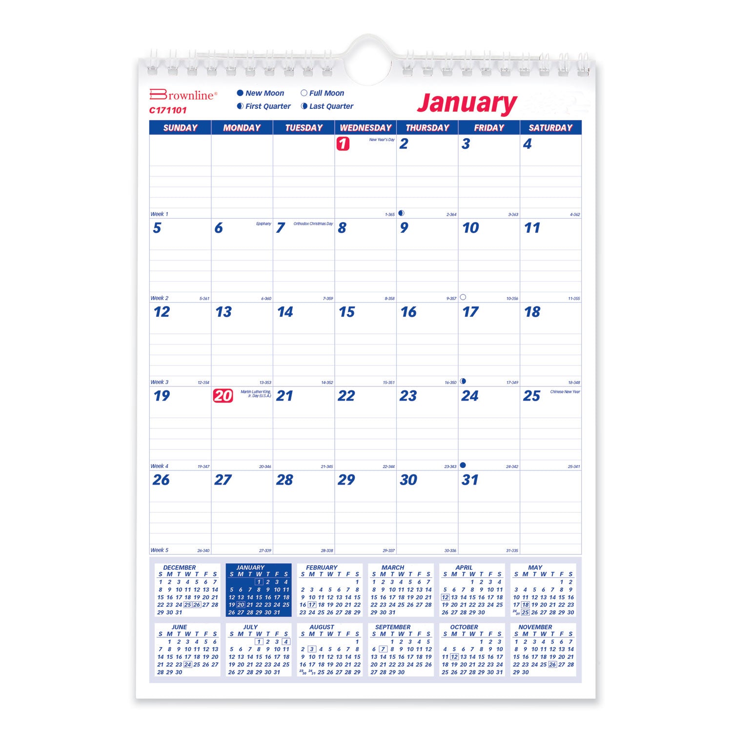 Twin-Wirebound Wall Calendar, One Month per Page, 8 x 11, White Sheets, 12-Month (Jan to Dec): 2025