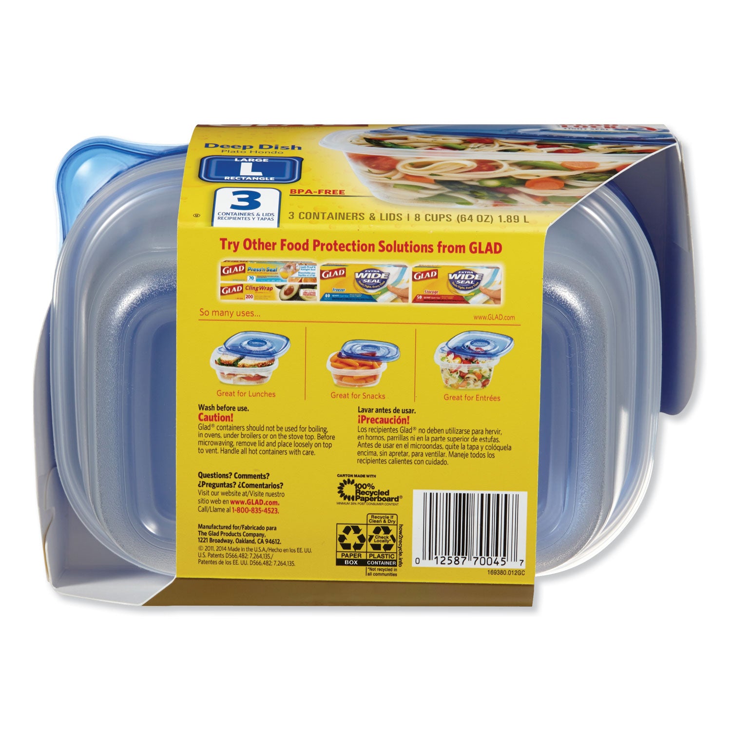 Glad® Deep Dish Food Storage Containers, 64 oz, Plastic, 3/Pack