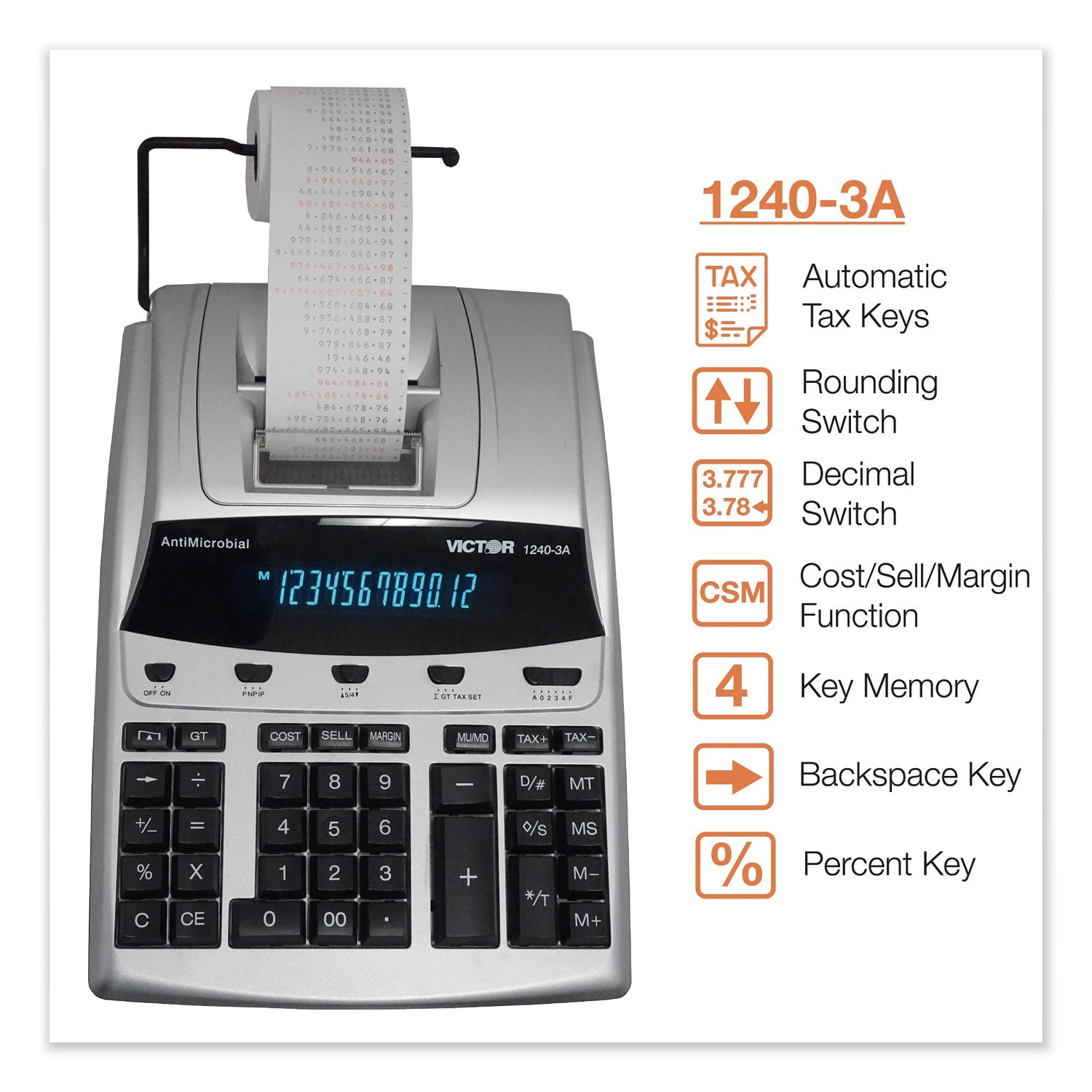 Victor® 1240-3a Antimicrobial Printing Calculator, Black/red Print, 4.5 Lines/sec