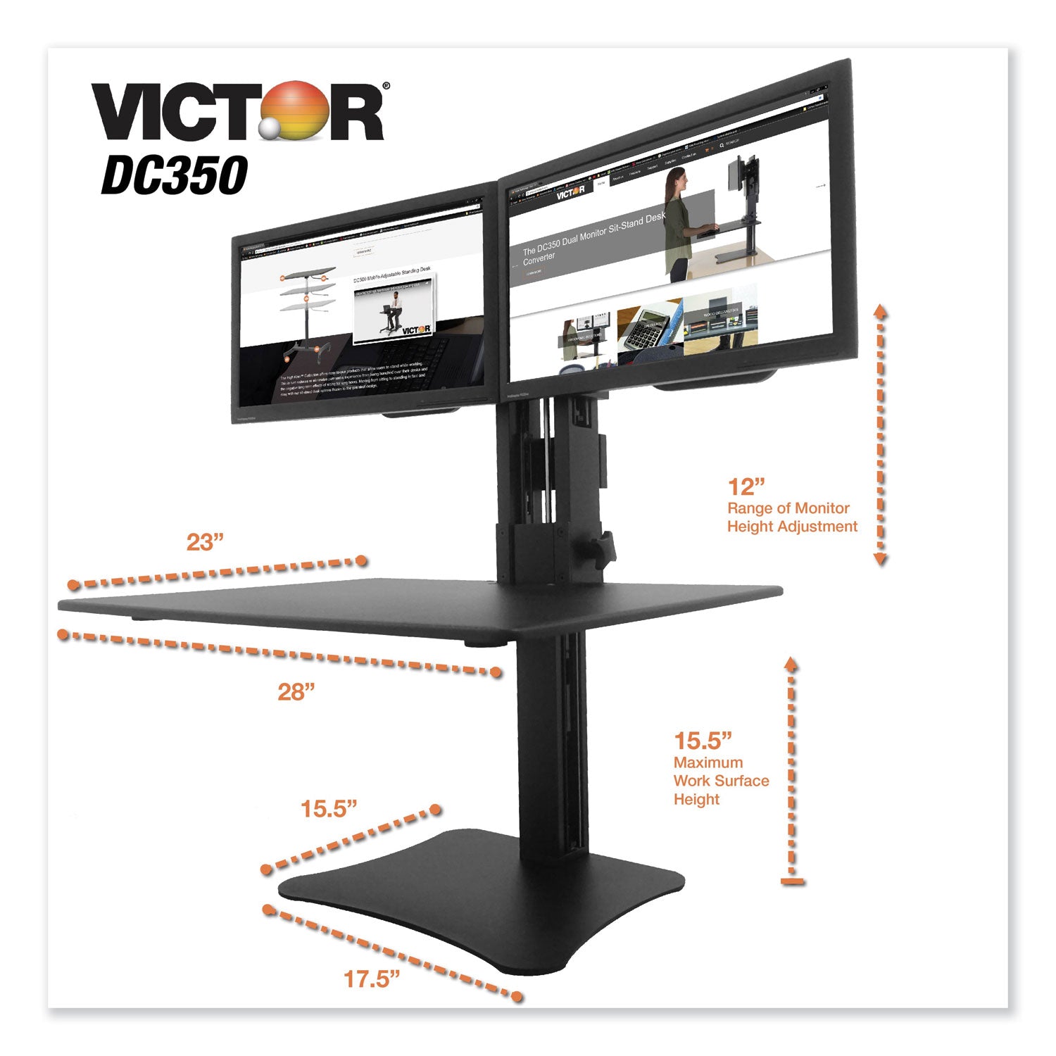 Victor® High Rise Dual Monitor Standing Desk Workstation, 28" X 23" X 10.5" To 15.5", Black