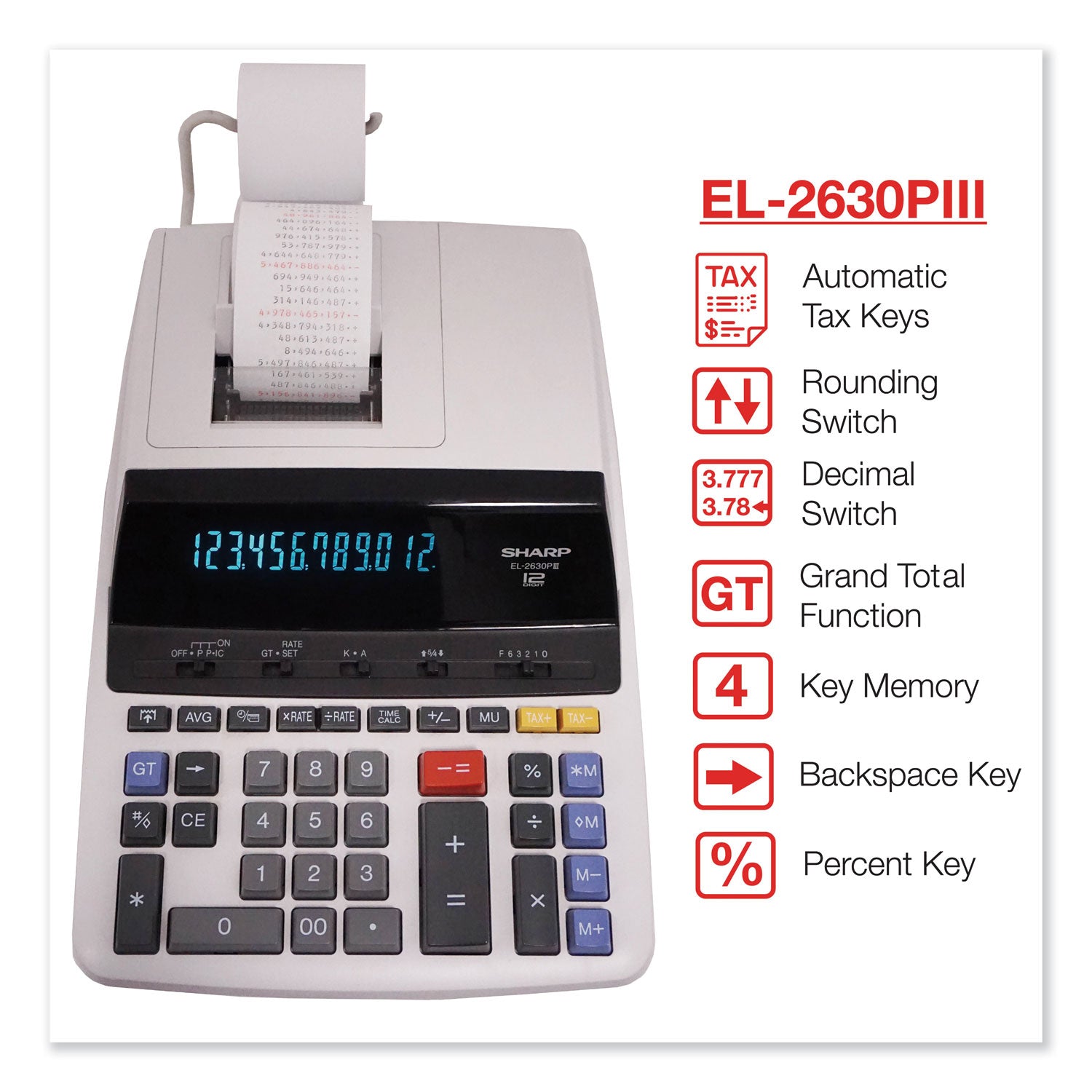 Sharp® El2630piii Two-Color Printing Calculator, Black/red Print, 4.8 Lines/sec