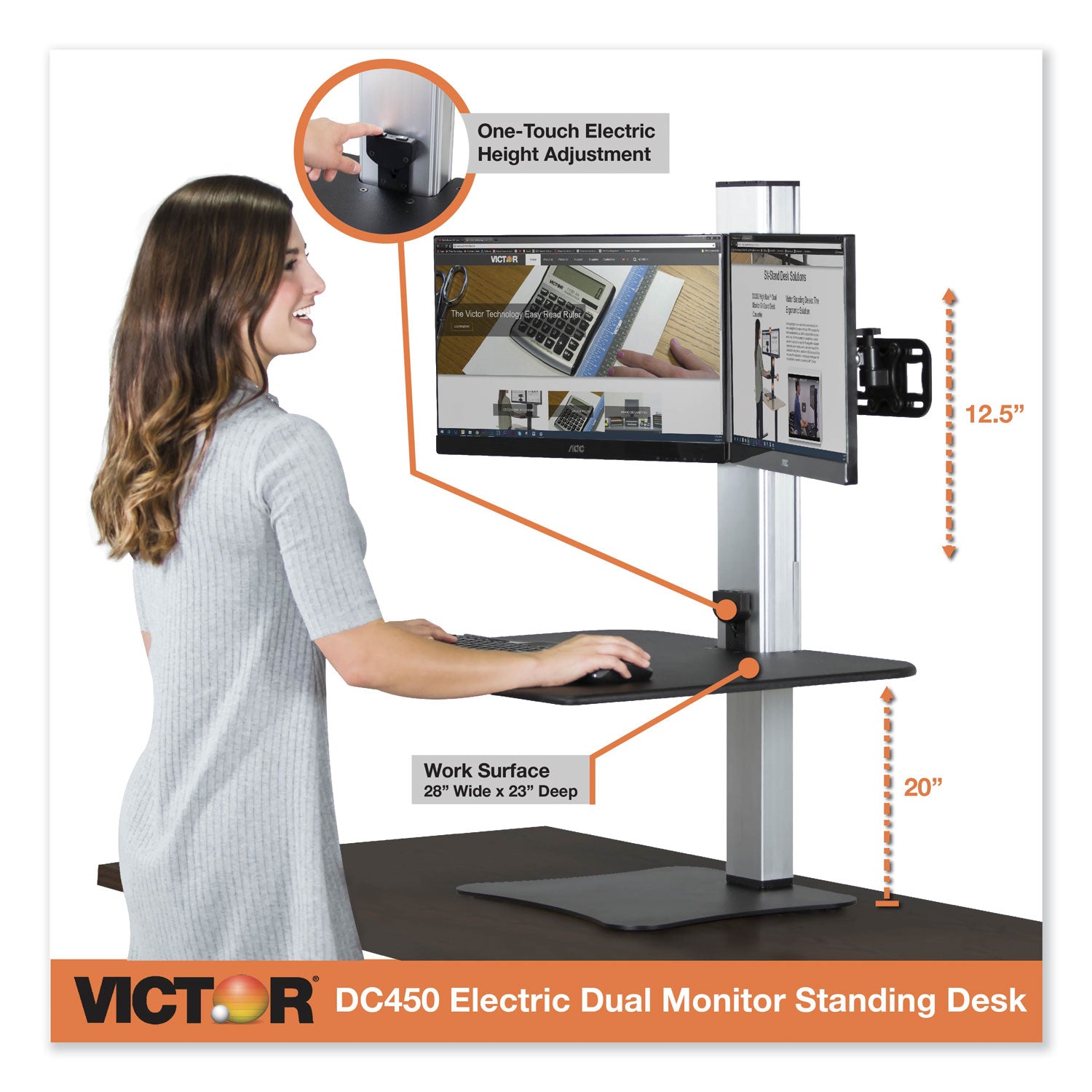 Victor® High Rise Electric Dual Monitor Standing Desk Workstation, 28" X 23" X 20.25", Black/aluminum
