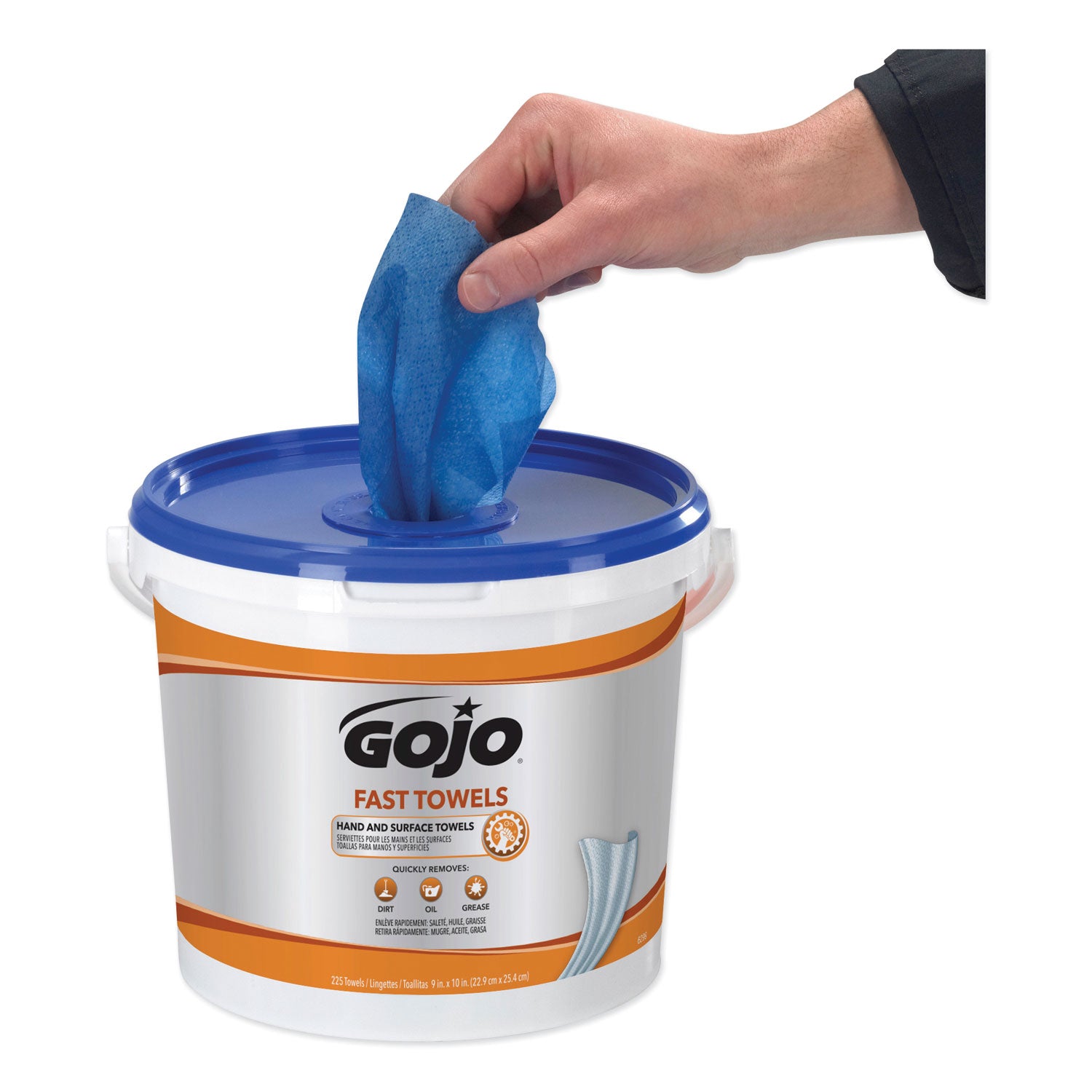 GOJO® FAST TOWELS Hand Cleaning Towels, Cloth, 9 x 10, Fresh Citrus, Blue, 225/Bucket