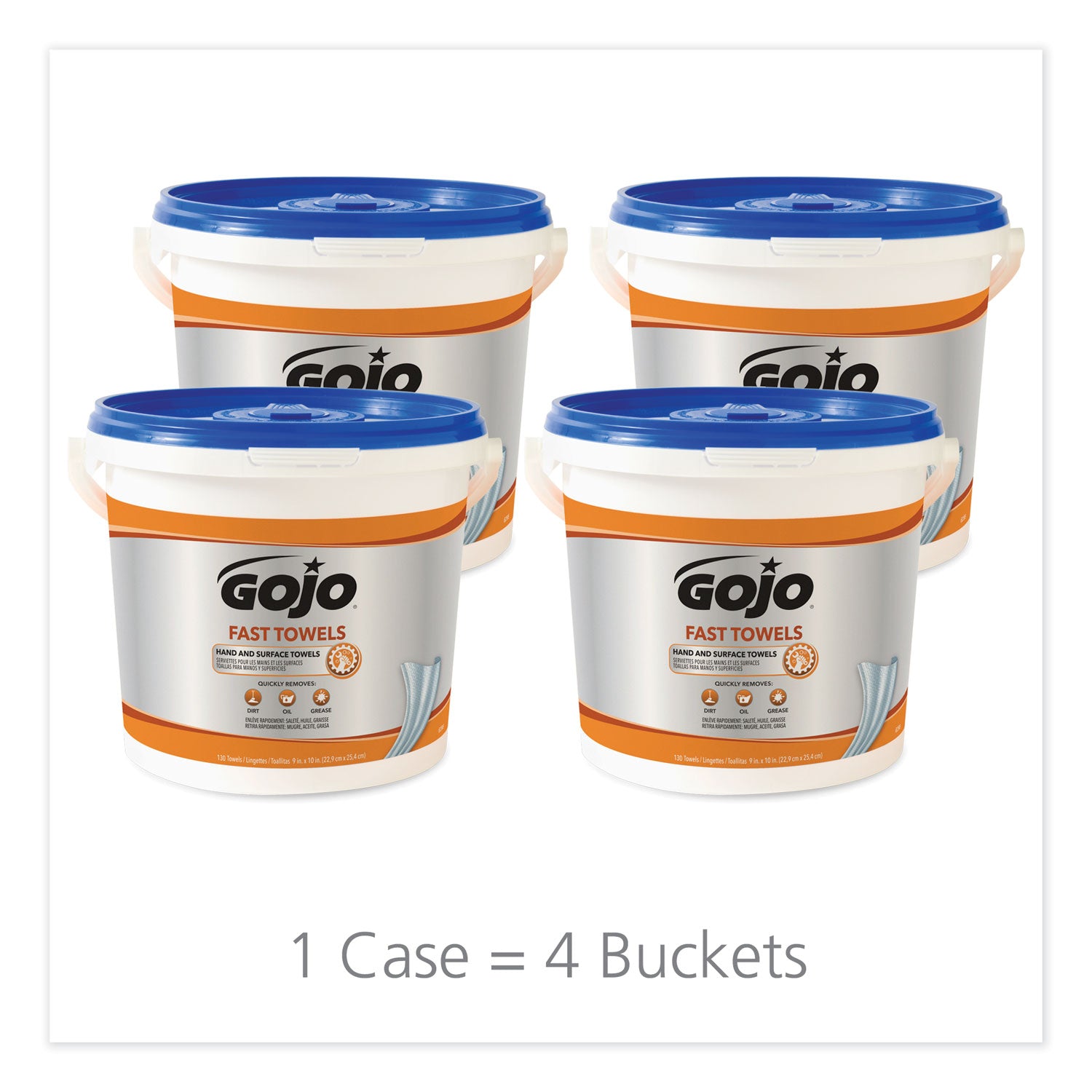 GOJO® FAST TOWELS Hand Cleaning Towels, 7.75 x 11, Fresh Citrus, Blue, 130/Bucket, 4 Buckets/Carton