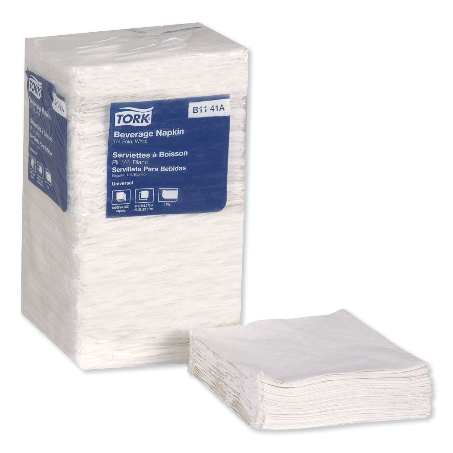Tork® Universal Beverage Napkin, 1-Ply,9.13 X 9.13, 1/4 Fold, Poly-Pack, White, 4000/carton