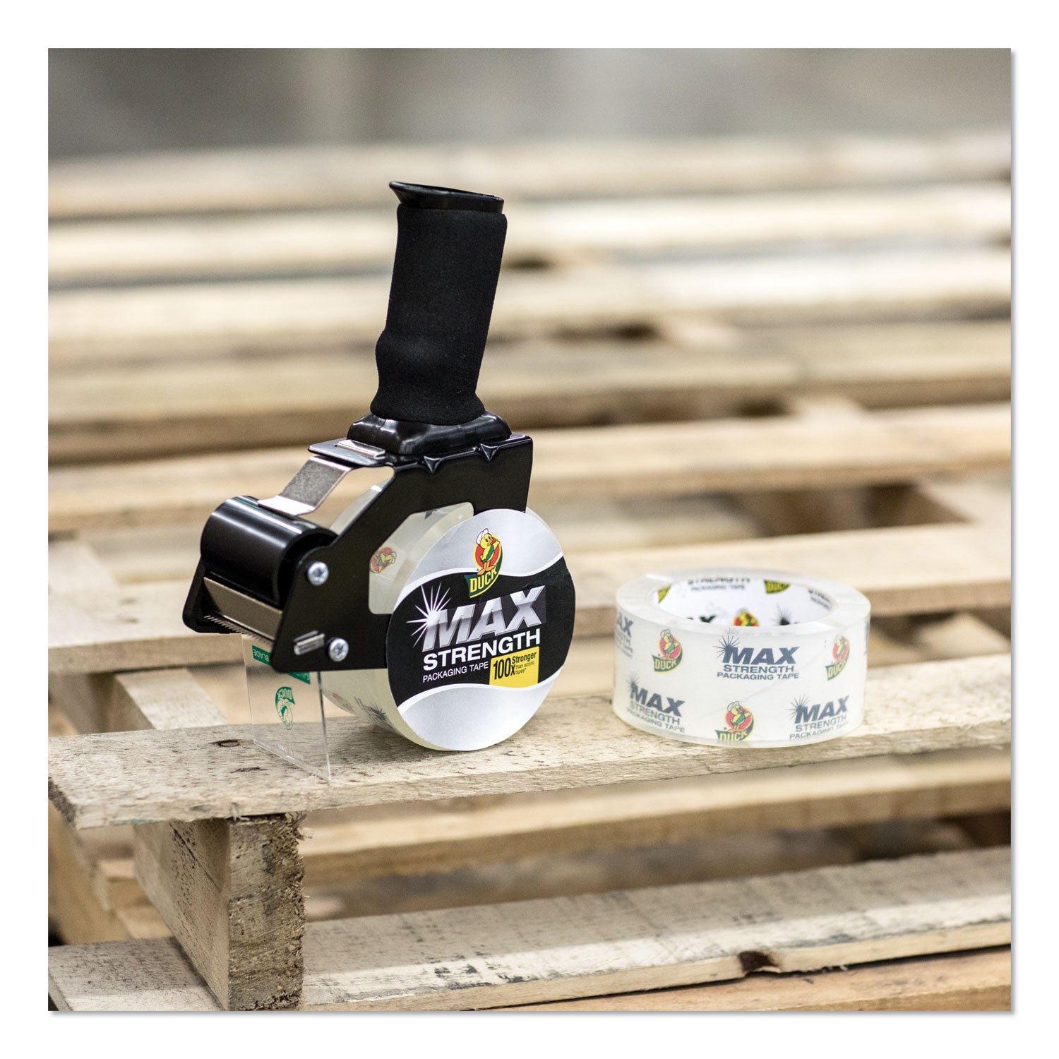 Duck® Max Packaging Tape With Pistol Grip Dispenser, 3" Core, 1.88" X 54.6 Yds, Crystal Clear