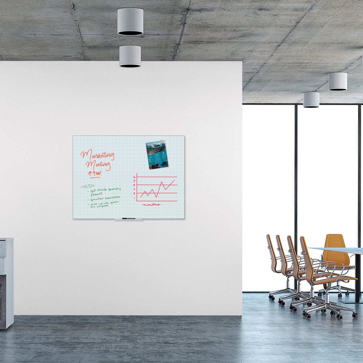 U Brands Floating Glass Ghost Grid Dry Erase Board, 48" x 36" (Actual Size: 47" x 35"), White Surface