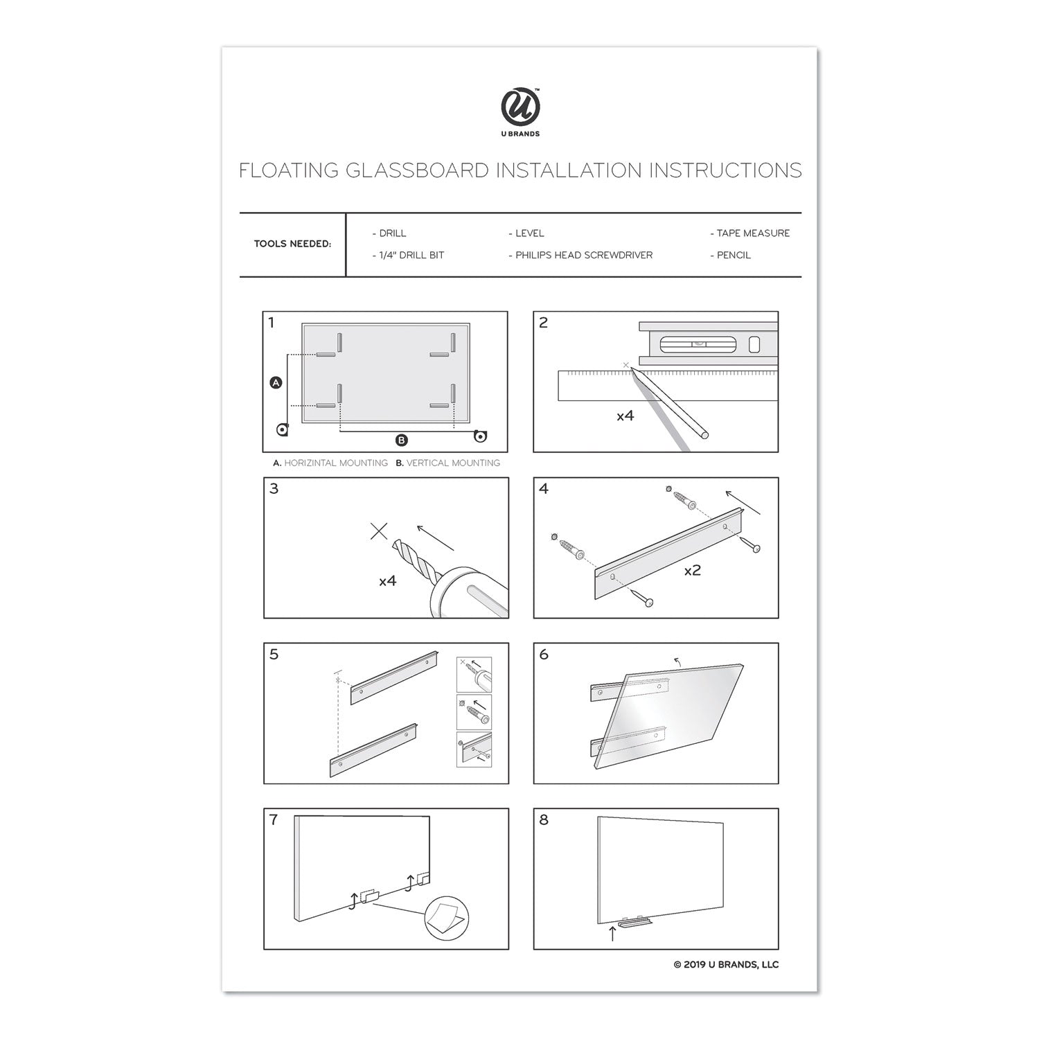 U Brands Floating Glass Ghost Grid Dry Erase Board, 48" x 36" (Actual Size: 47" x 35"), White Surface