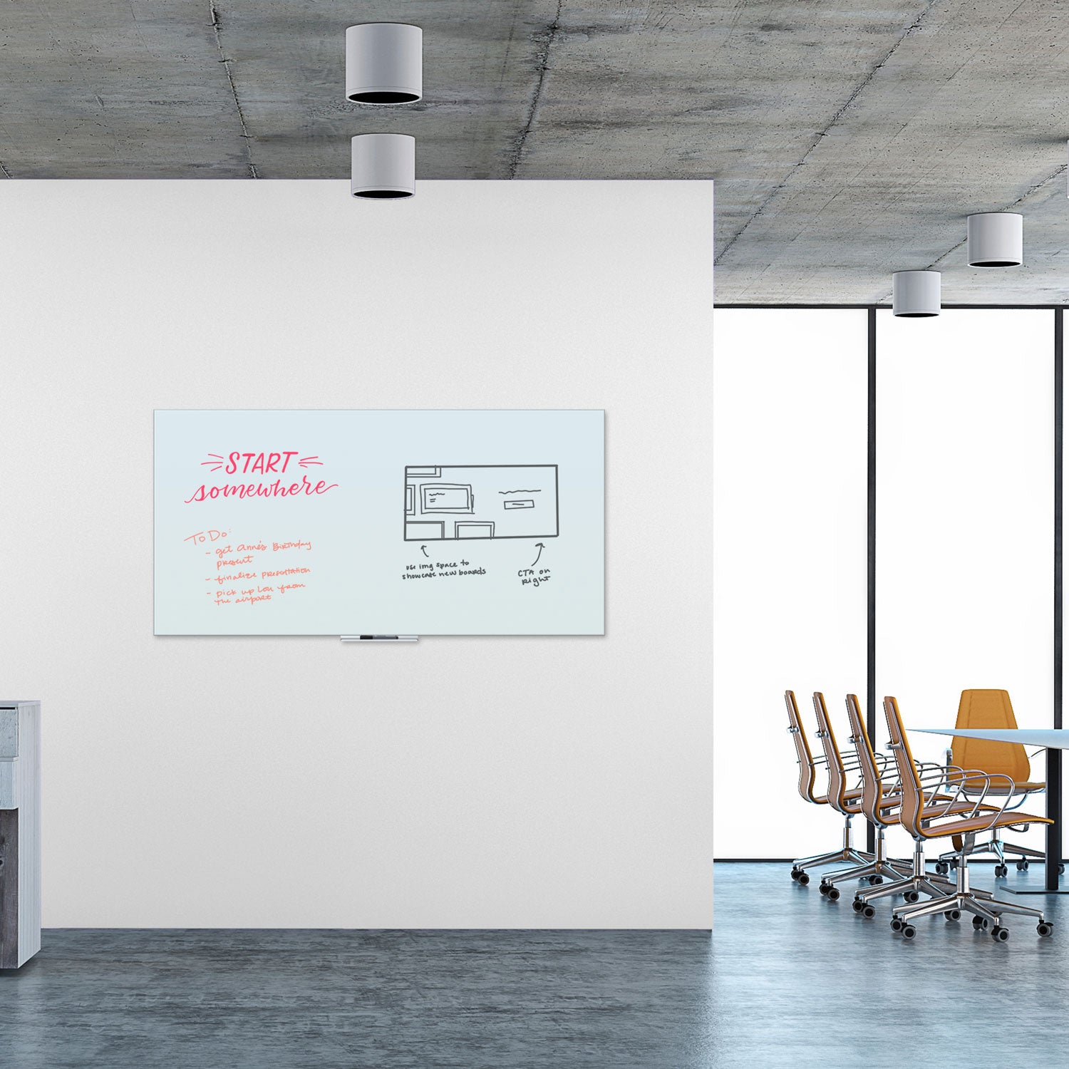 U Brands Floating Glass Dry Erase Board, 72" x 36" (Actual Size: 70" x 35"), White Surface