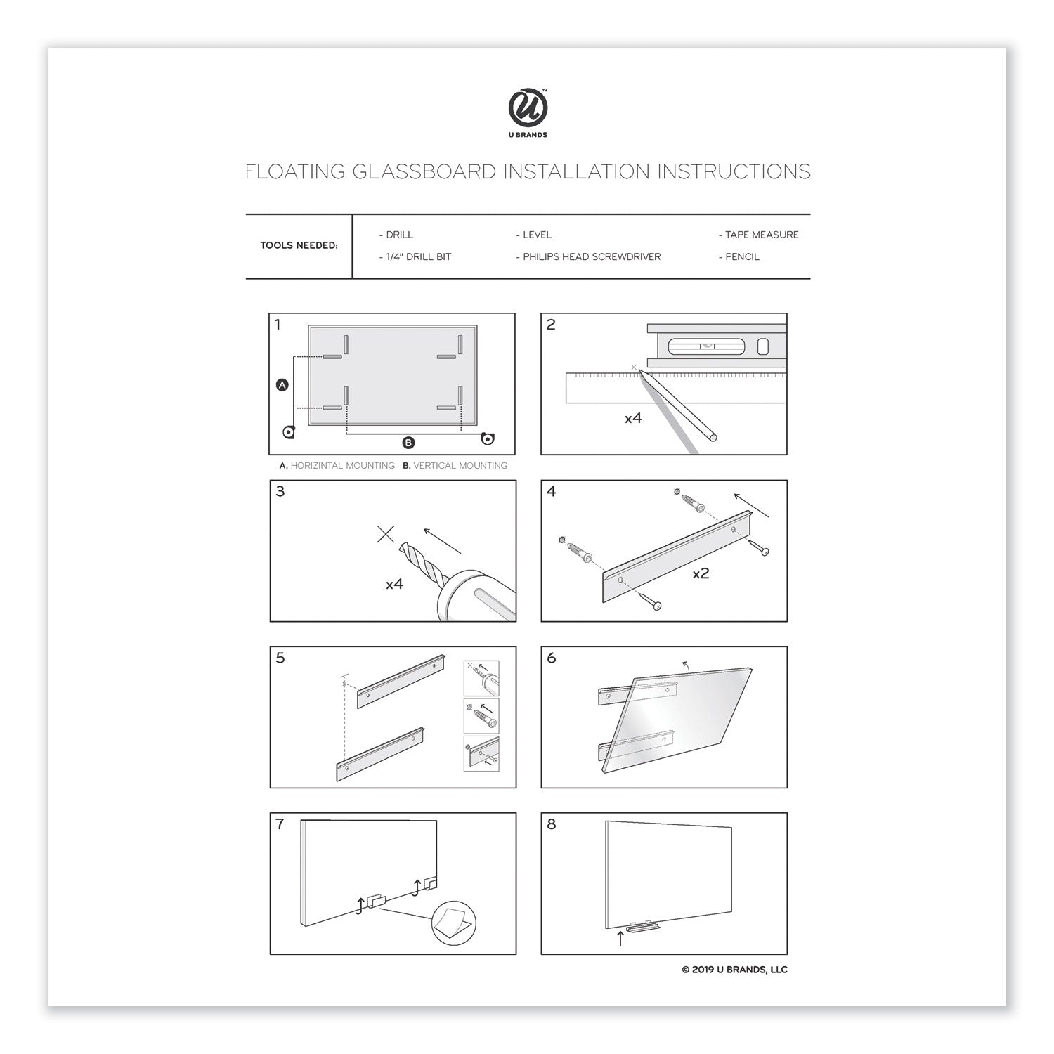 U Brands Floating Glass Dry Erase Board, 36" x 24" (Actual Size: 35" x 23"), White Surface