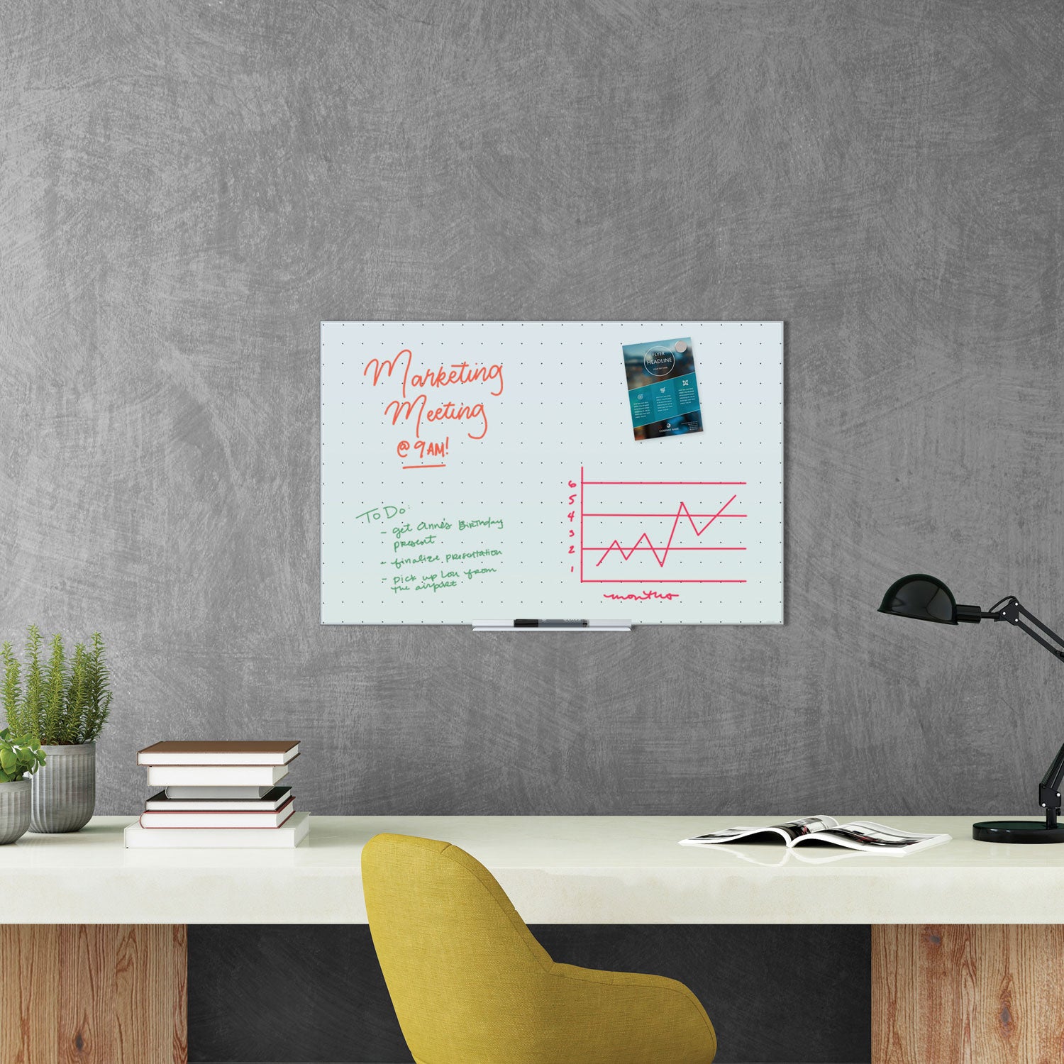 U Brands Floating Glass Ghost Grid Dry Erase Board, 36" x 24" (Actual Size: 35" x 23"), White Surface