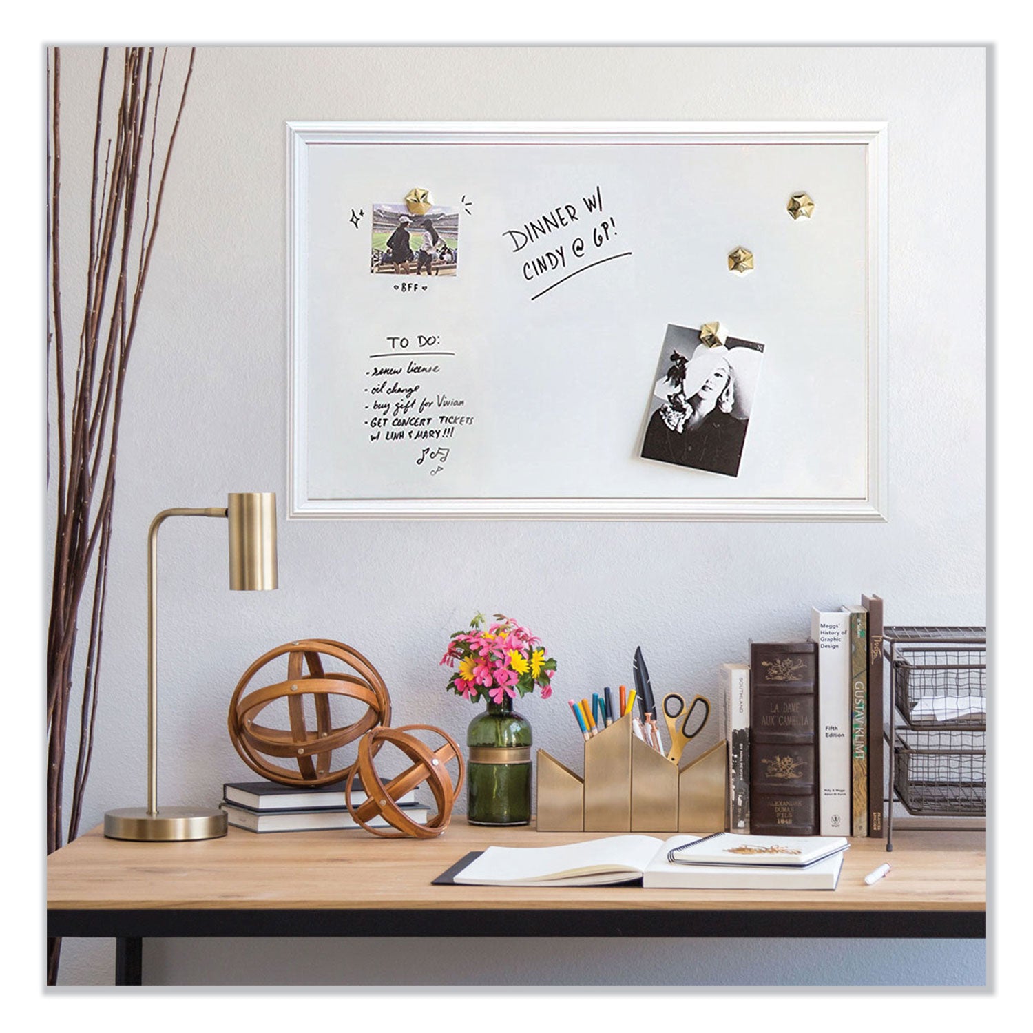 U Brands Magnetic Dry Erase Board with Decor Frame, 30" x 20", White Surface, White Wood Frame