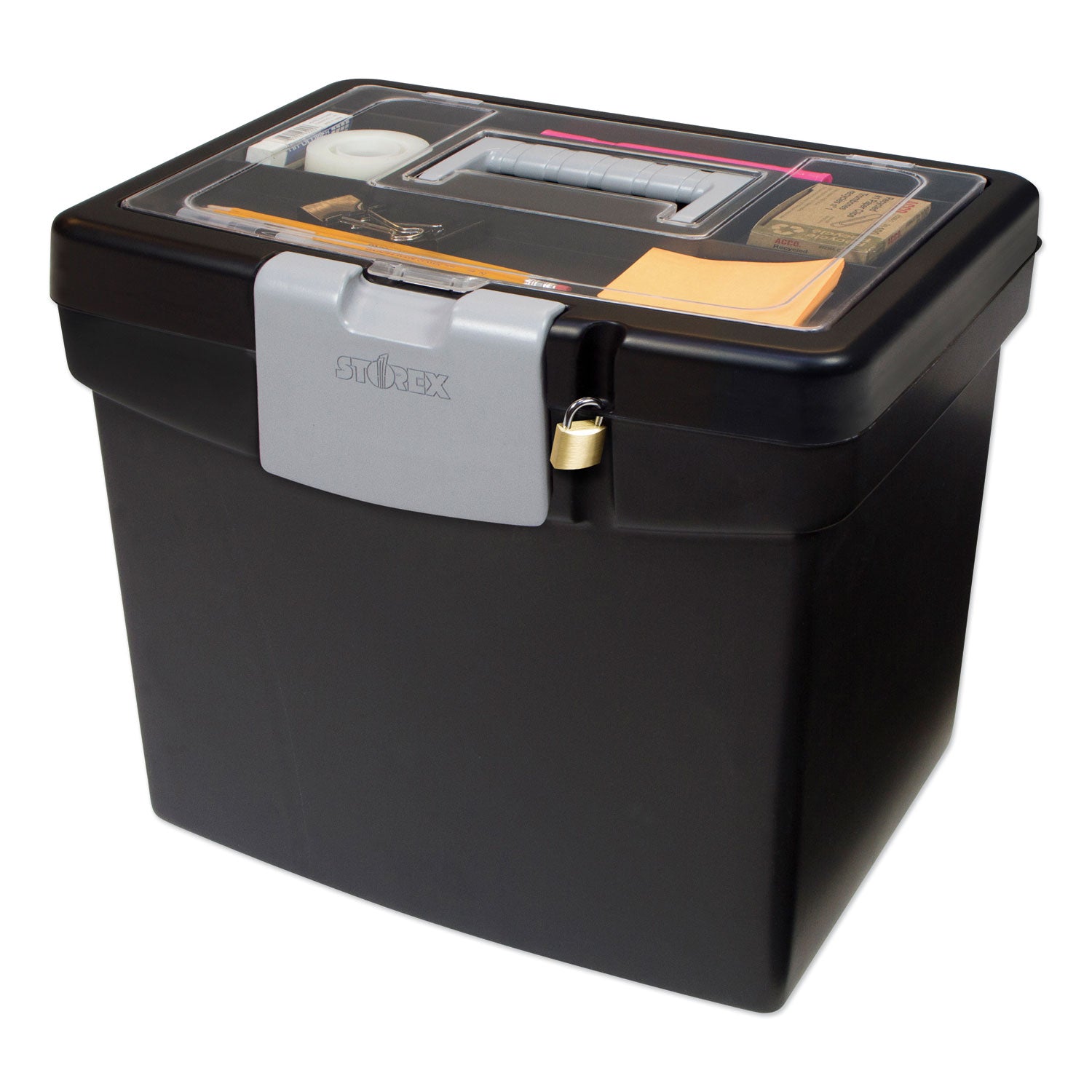 Storex Portable File Box With Large Organizer Lid, Letter Files, 13.25" X 10.88" X 11", Black