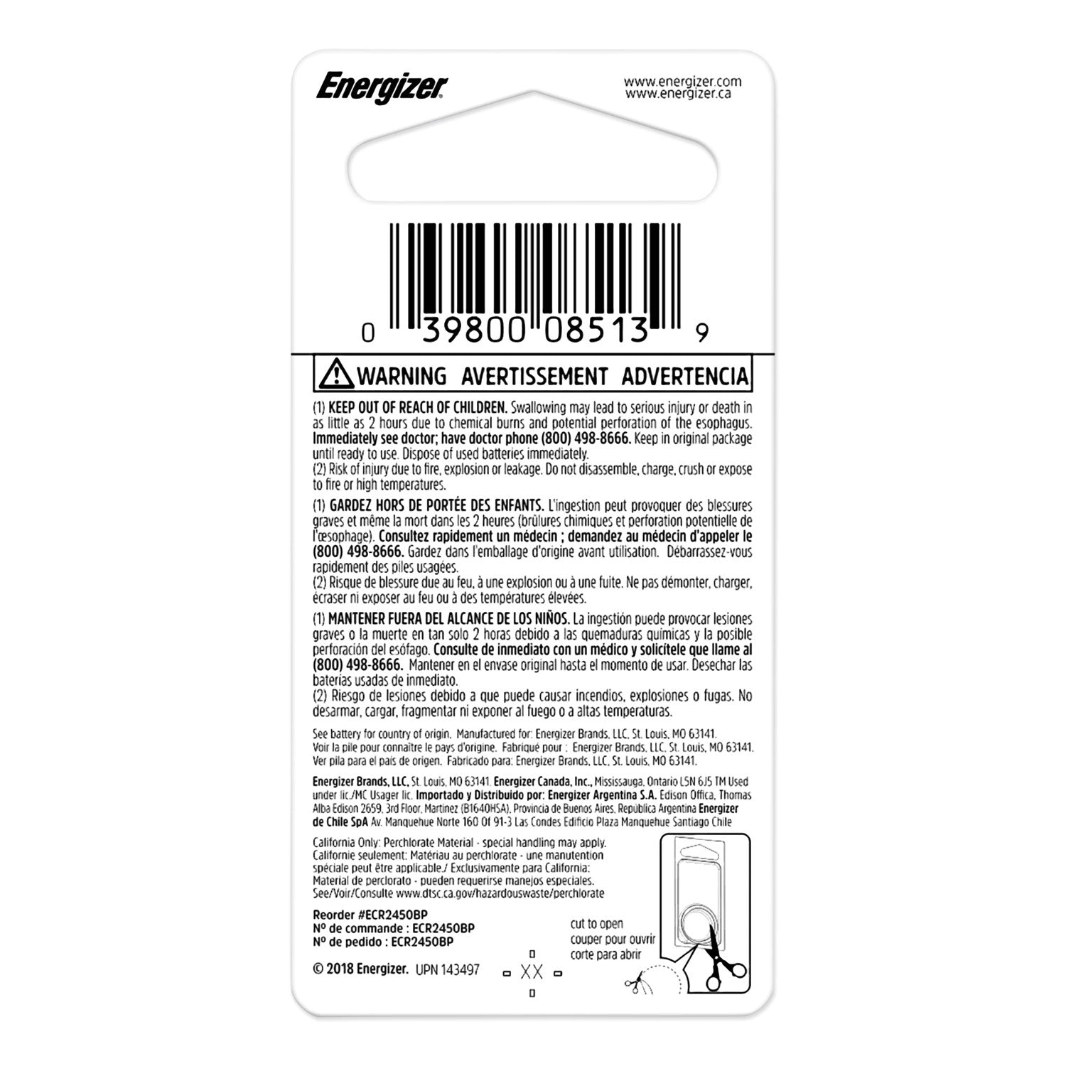 Energizer® 2450 Lithium Coin Battery, 3 V
