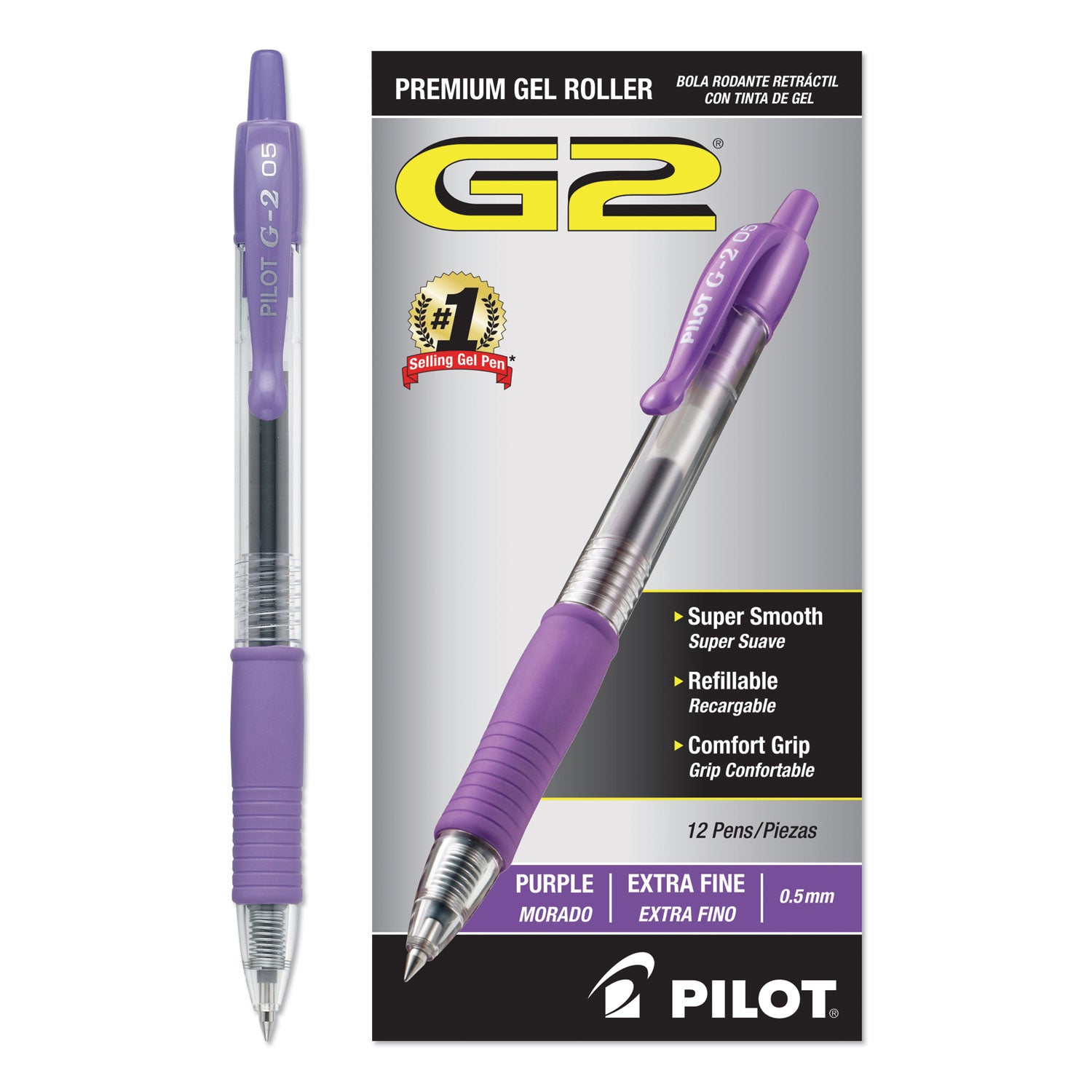 Pilot® G2 Premium Gel Pen, Retractable, Extra-Fine 0.5 mm, Purple Ink, Smoke/Purple Barrel, Dozen