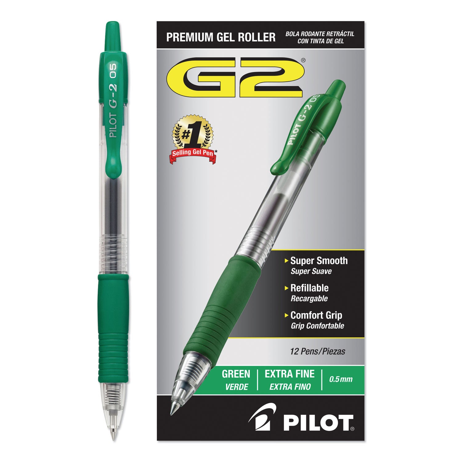 Pilot® G2 Premium Gel Pen, Retractable, Extra-Fine 0.5 mm, Green Ink, Smoke/Green Barrel, Dozen