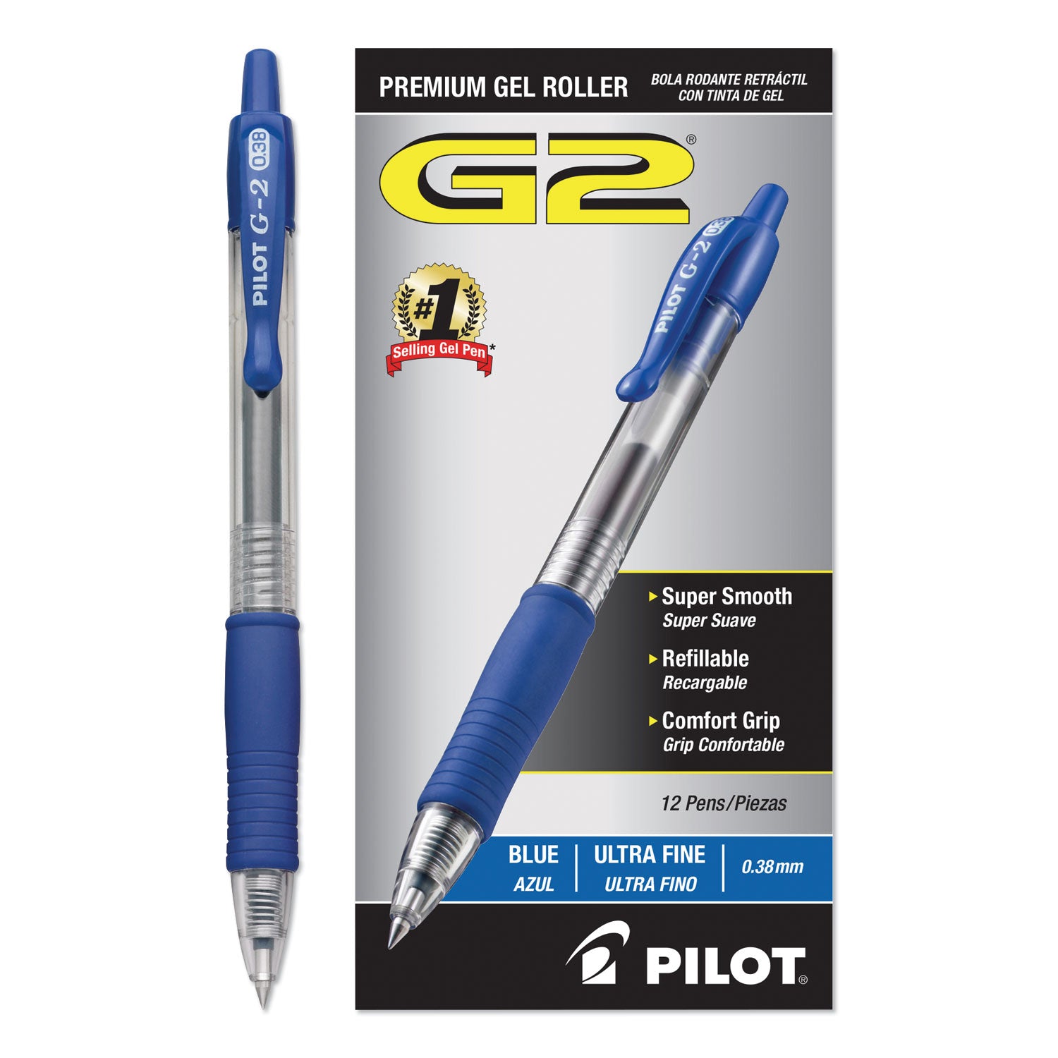 Pilot® G2 Premium Gel Pen Convenience Pack, Retractable, Extra-Fine 0.38 mm, Blue Ink, Smoke/Blue Barrel, Dozen