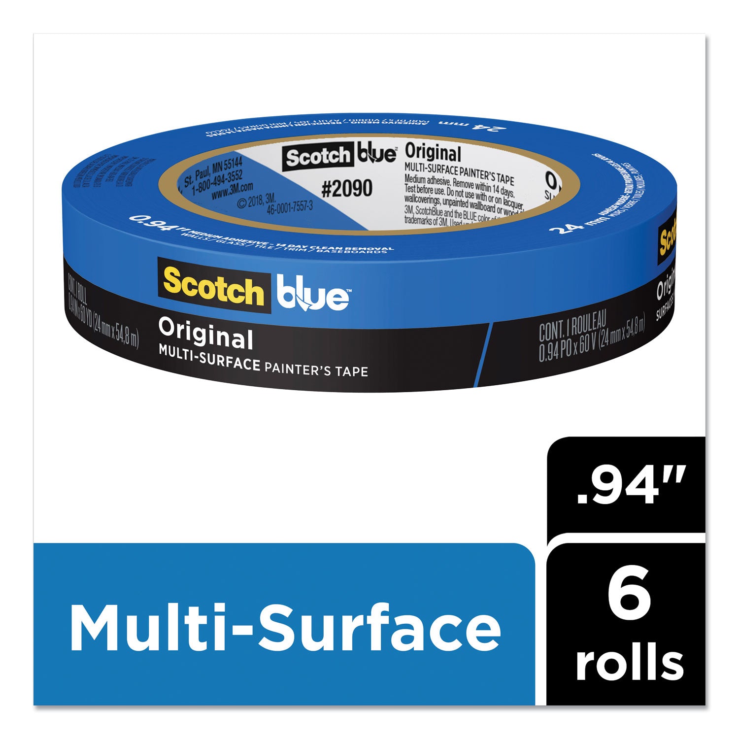 ScotchBlue™ Original Multi-Surface Painter's Tape, 3" Core, 0.94" X 60 Yds, Blue, 6/pack