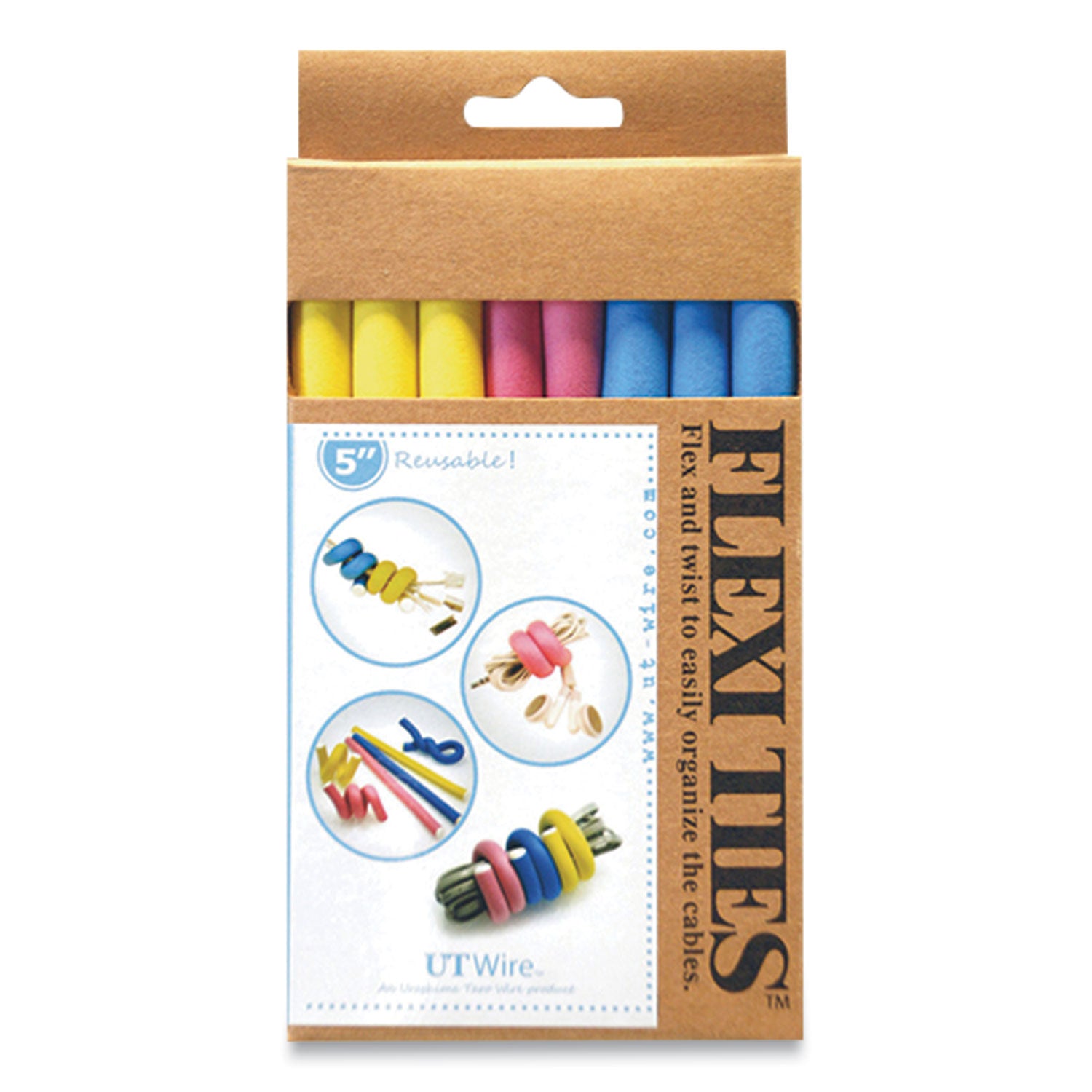 UT Wire® Flexi Ties Cushioned Cable Ties, 0.4" X 5", Assorted Colors, 8/pack