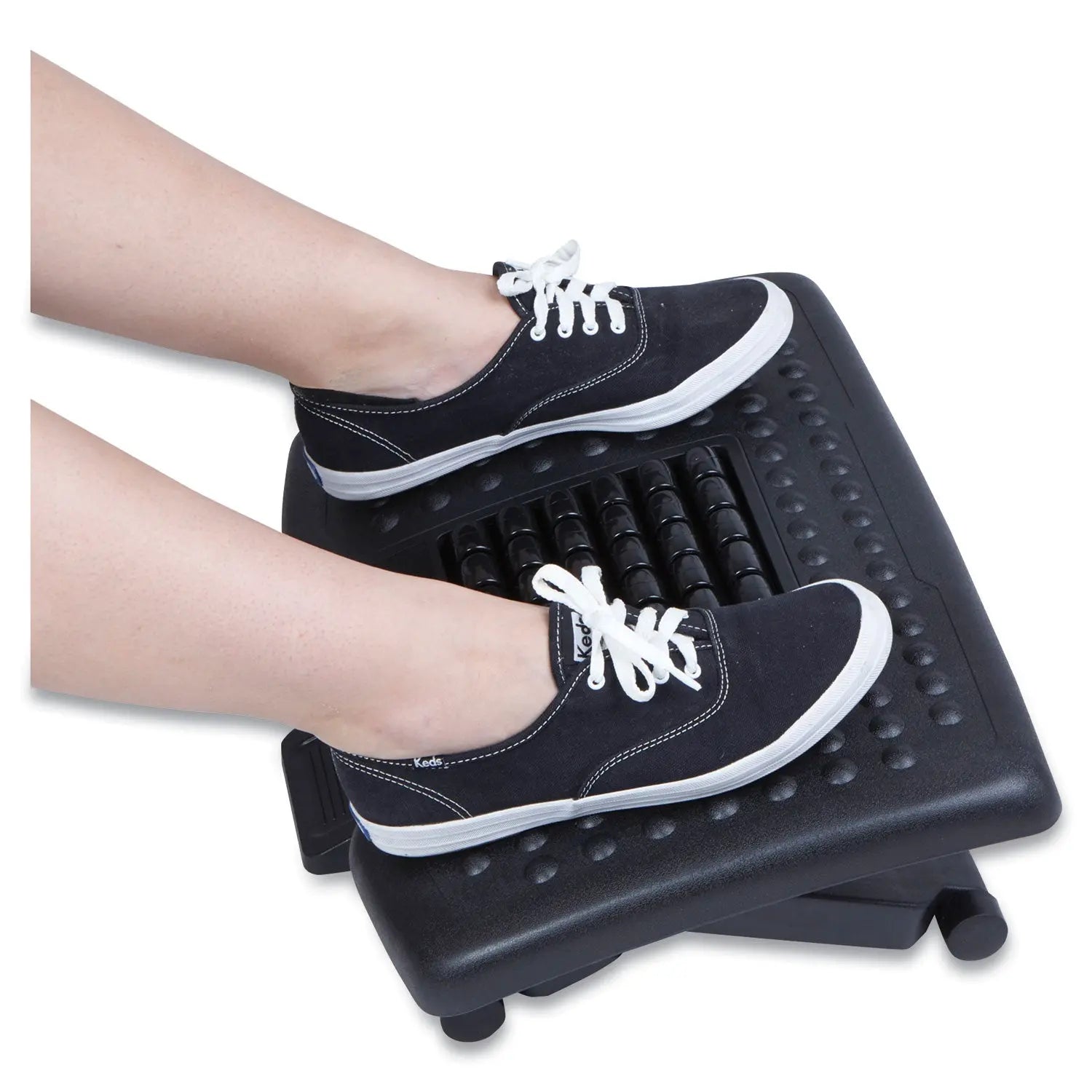 Adjustable Height Footrest with Rollers for Massage, 18w x 14d x 4.25h, Black Mind Reader Flipcost