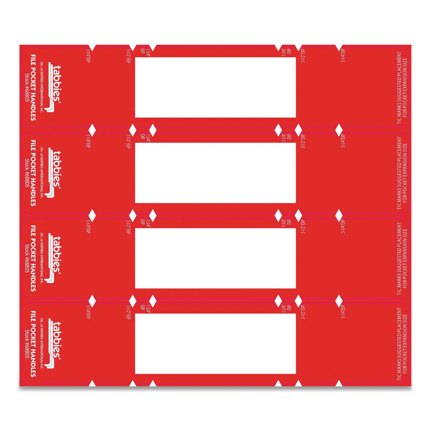 Tabbies® File Pocket Handles, 9.63 X 2, Red/white, 4/sheet, 12 Sheets/pack
