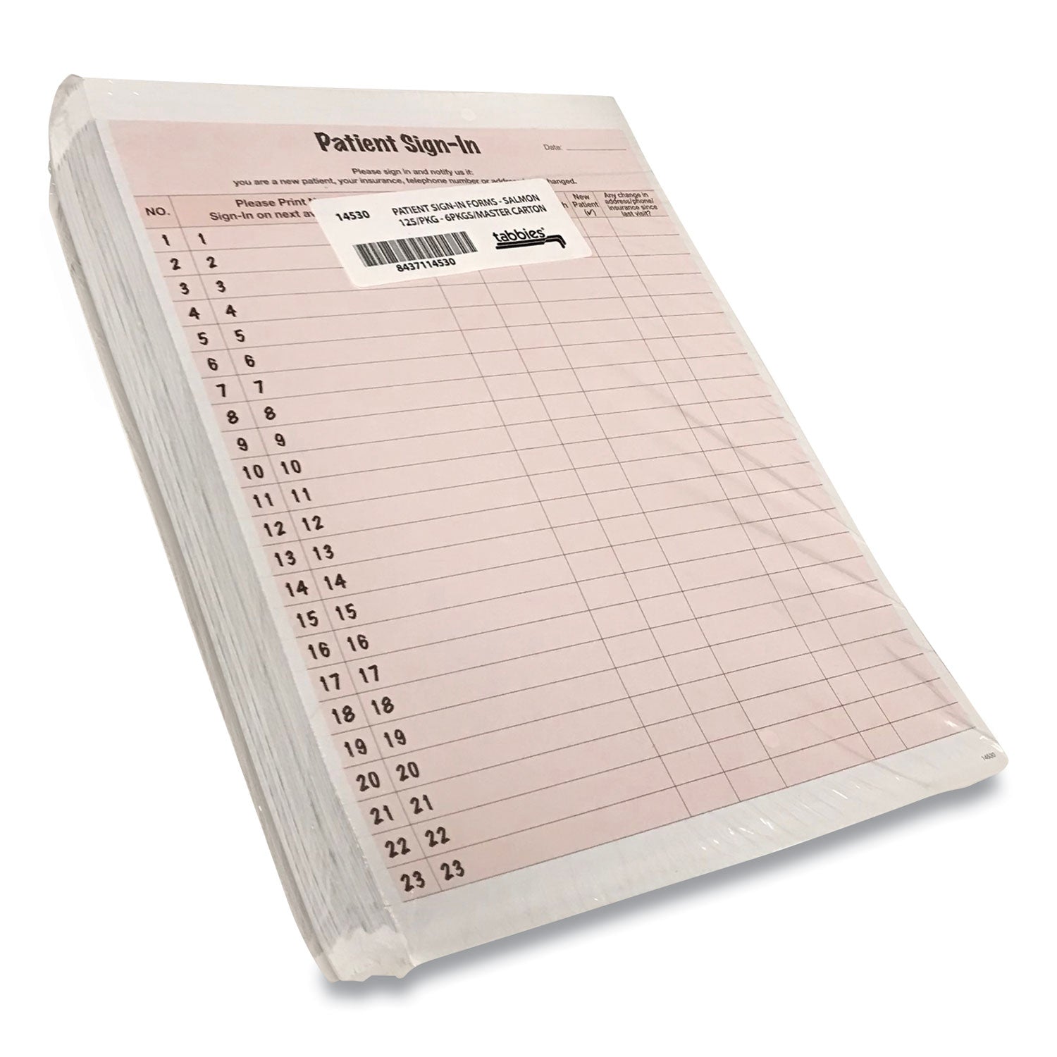 Tabbies® Patient Sign-In Label Forms, Two-Part Carbon, 8.5 x 11.63, Salmon Sheets, 125 Forms Total