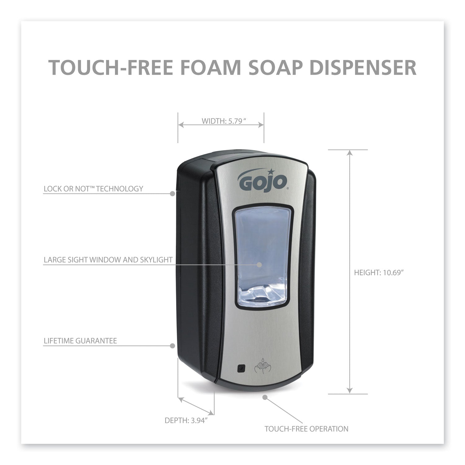 GOJO® Ltx-12 Touch-Free Dispenser, 1,200 Ml, 5.75 X 3.33 X 10.5, Brushed Chrome/black