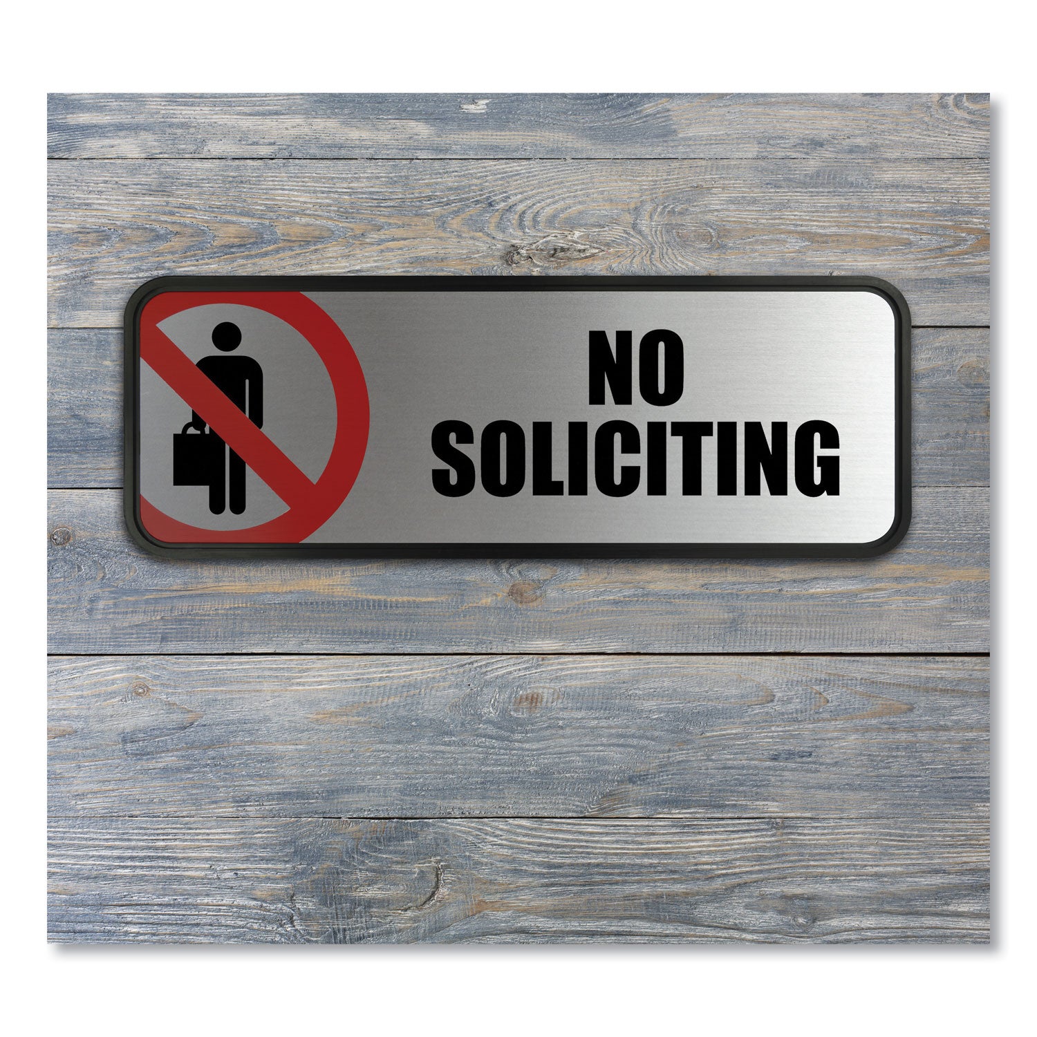 COSCO Brushed Metal Office Sign, No Soliciting, 9 X 3, Silver/red