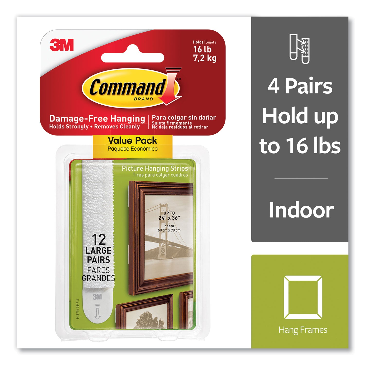 Command™ Picture Hanging Strips, Large, Removable, Holds Up To 4 Lbs Per Pair, 0.75 X 3.65, White, 12 Pairs/pack