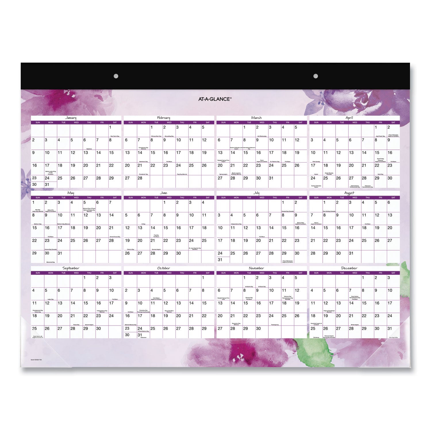 AT-A-GLANCE® Beautiful Day Desk Pad Calendar, Floral Artwork, 21.75 x 17, Assorted Color Sheets, Black Binding, 12-Month (Jan-Dec): 2025